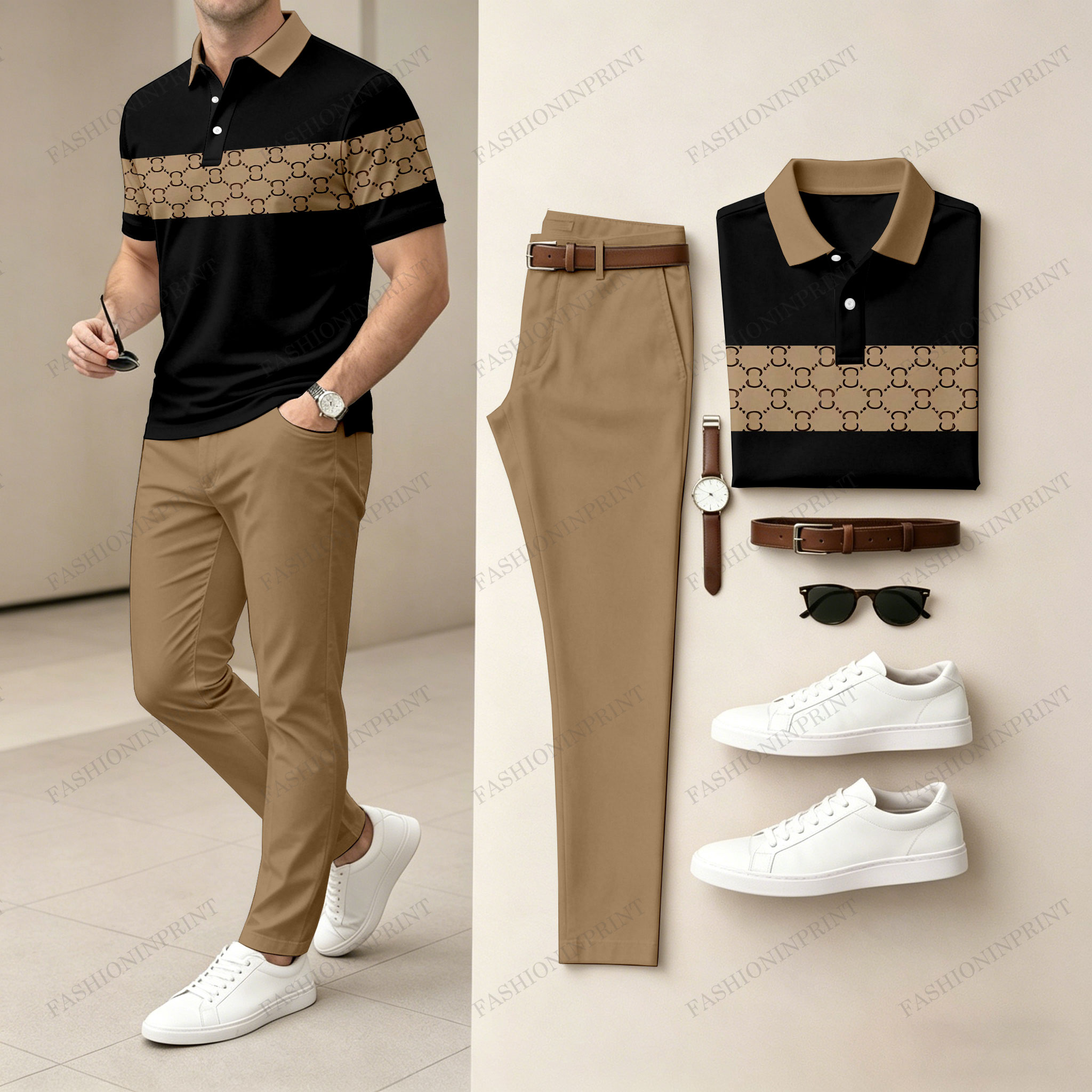 Men's Casual Black & Brown Plaid Printed Polo Shirt And Pants Two-Piece Set