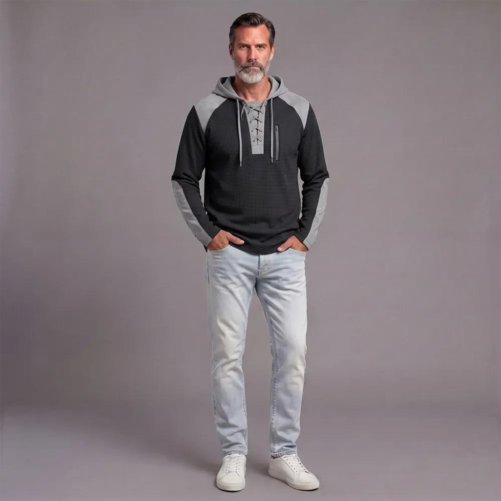 Hooded Sweatshirt: Waffle-Knit, Two-Tone Casual Sports Sweatshirt
