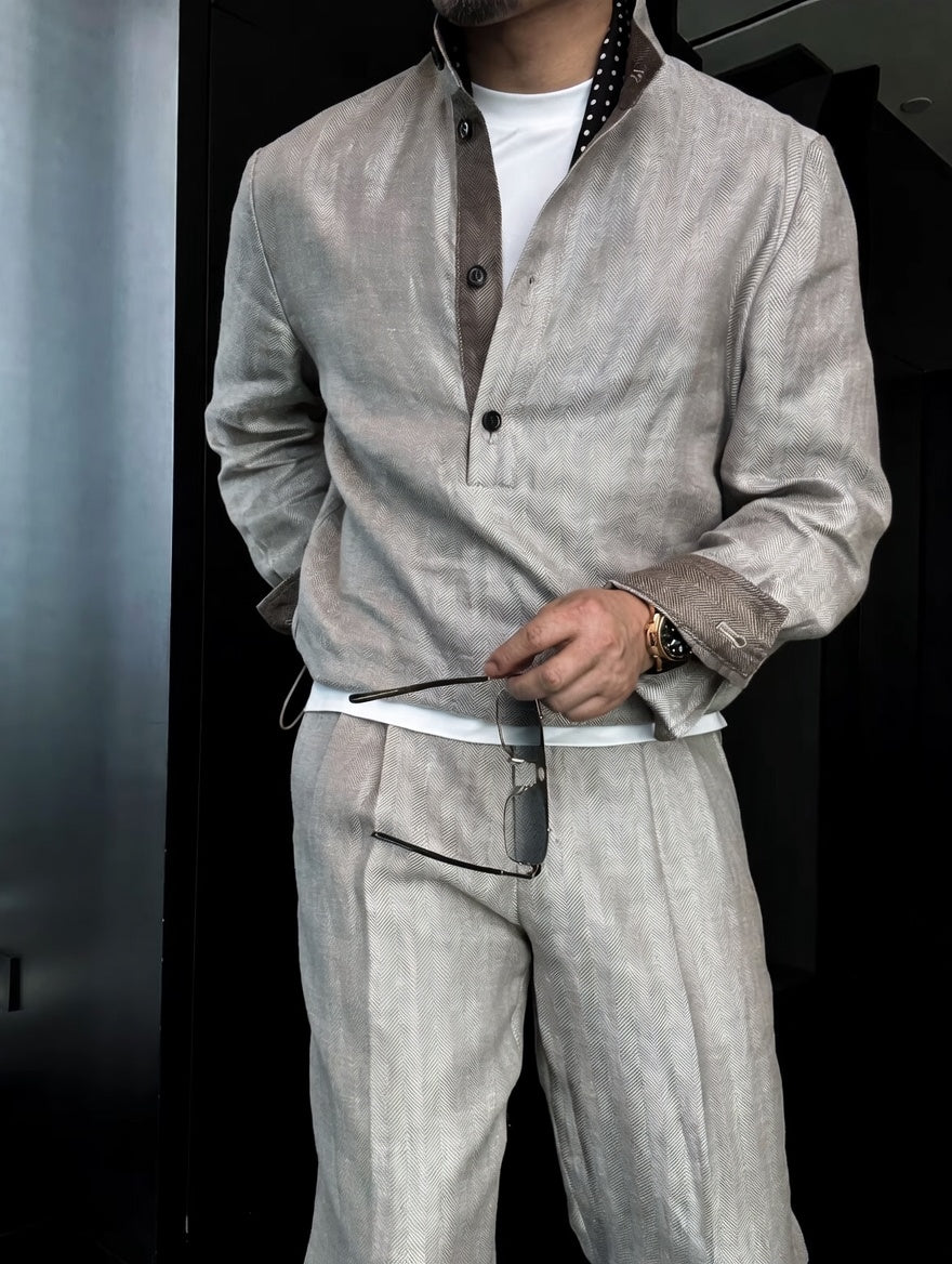 Premium Linen Mandarin Collar Suit