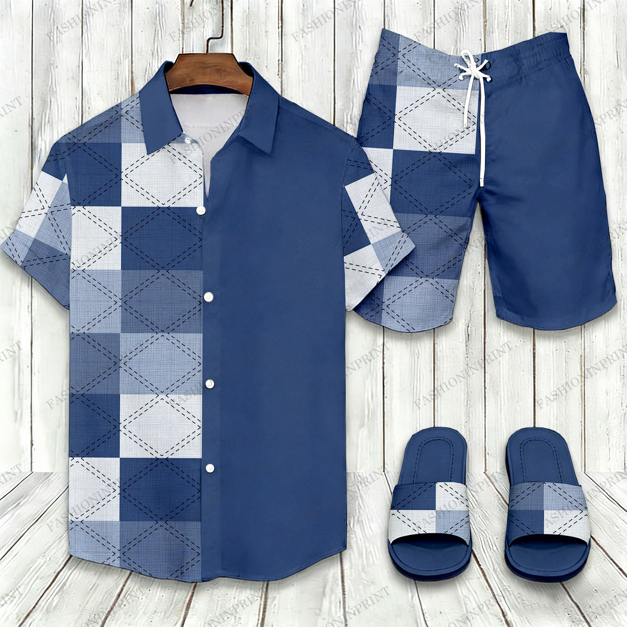 Men's Casual Denim Blue Checkered Color Matching Print Short-Sleeve Shirt & Shorts & Slippers Three - Piece Set