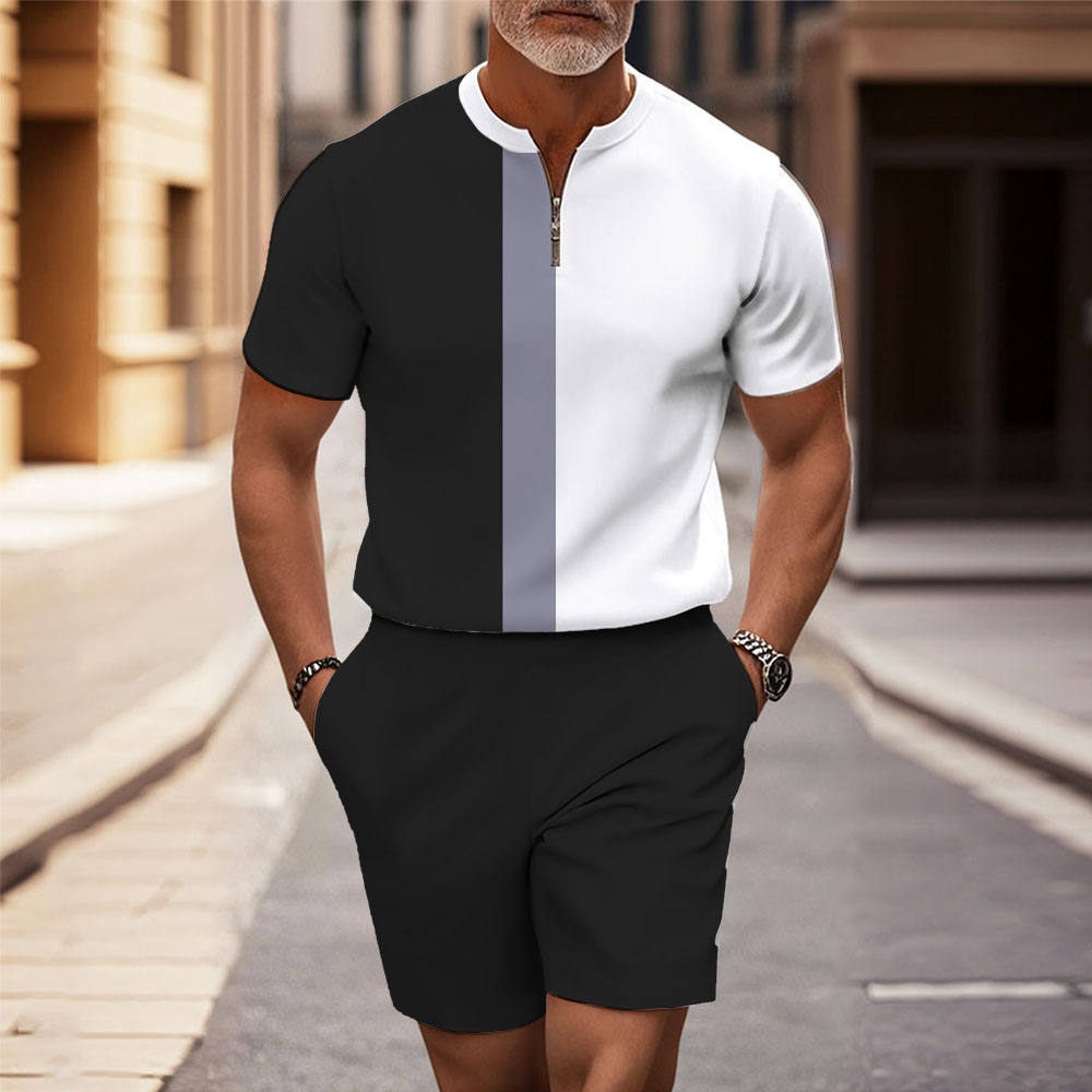 Men's Fashion Casual Round-Neck Geometric Printed Short-Sleeved Two-Piece Set