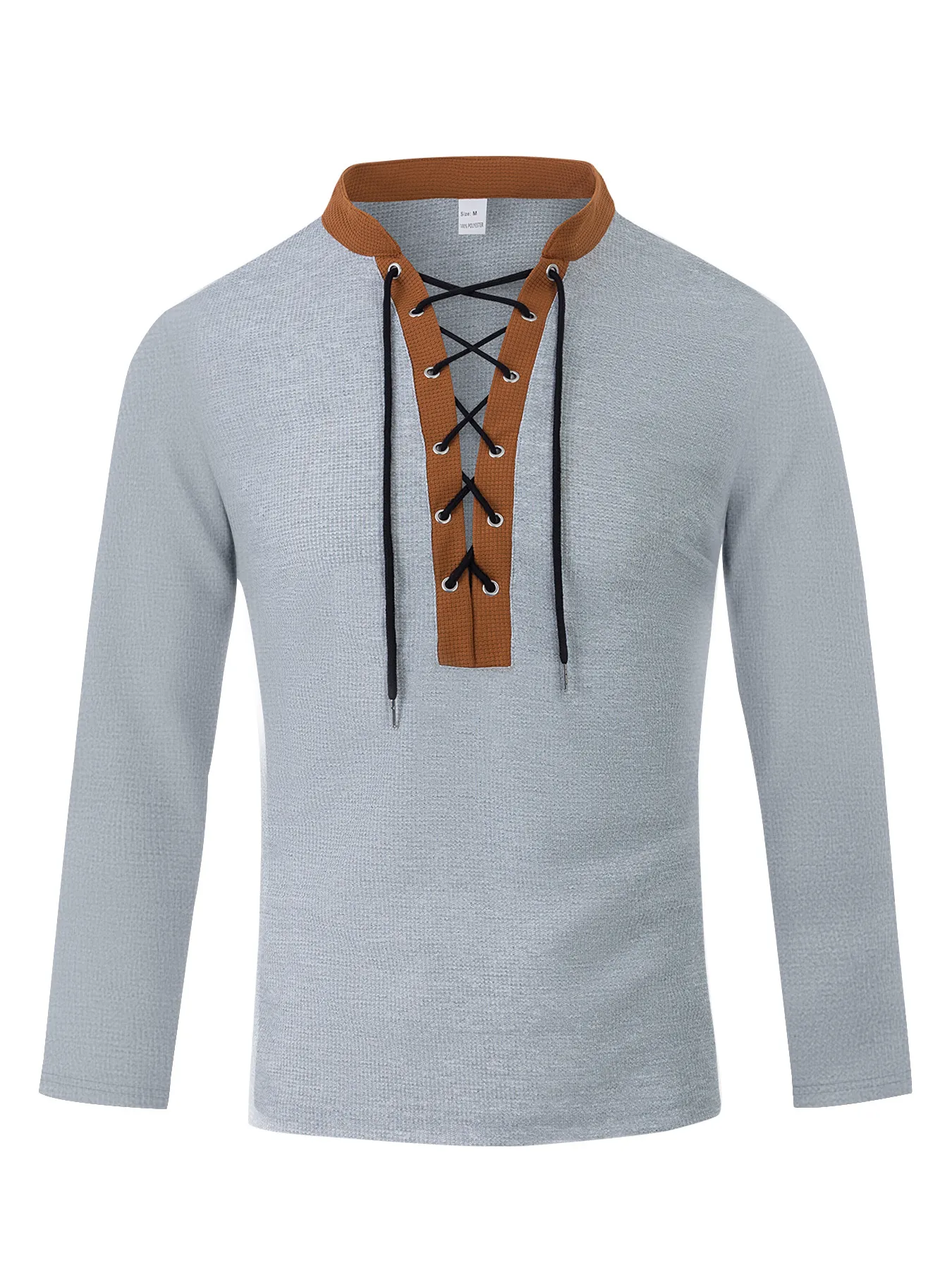 Men's Casual Solid Color Waffle V-Neckb Bandage Long Sleeved T-Shirts