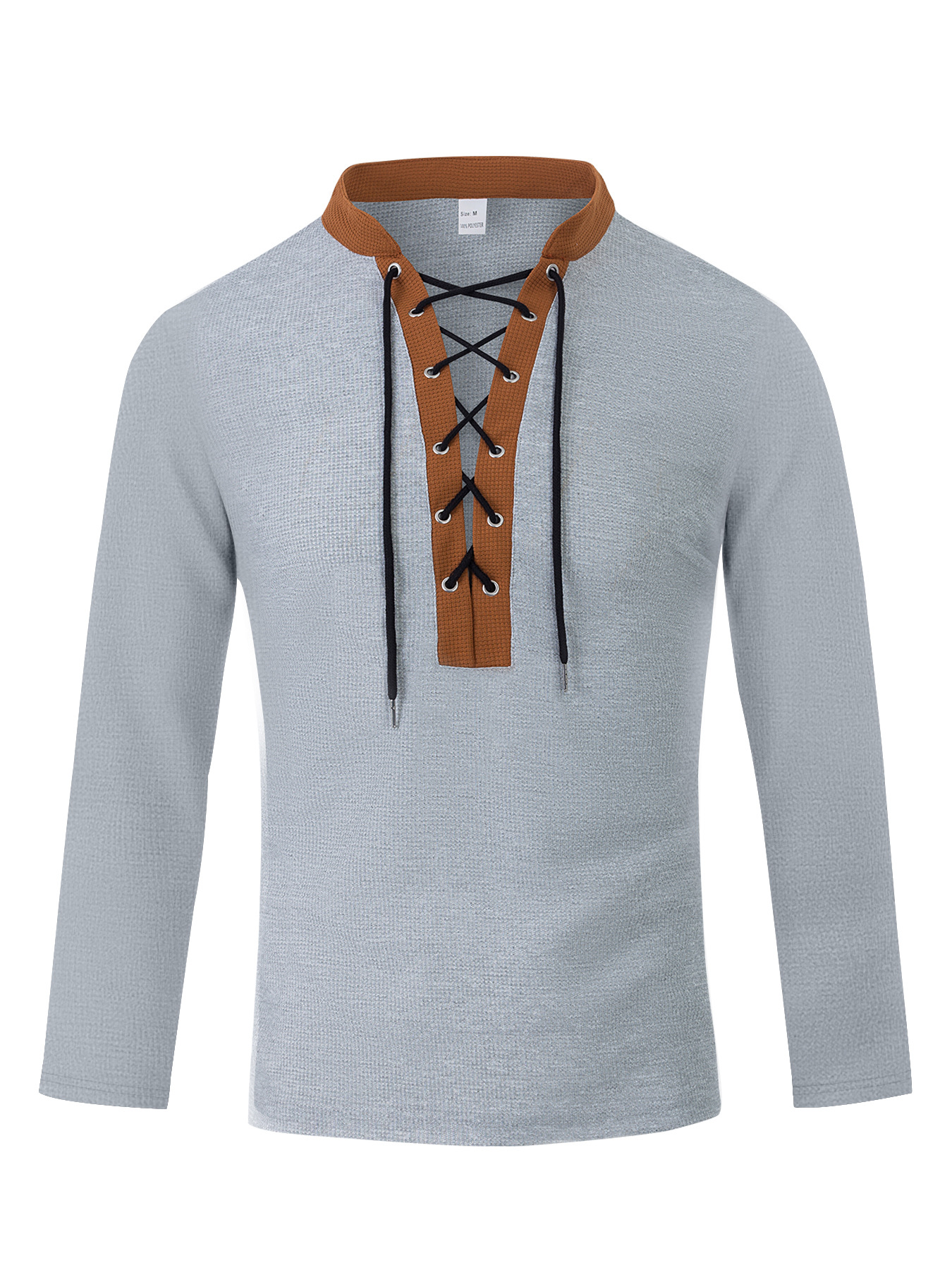 Men's Casual Solid Color Waffle V-Neckb Bandage Long Sleeved T-Shirts