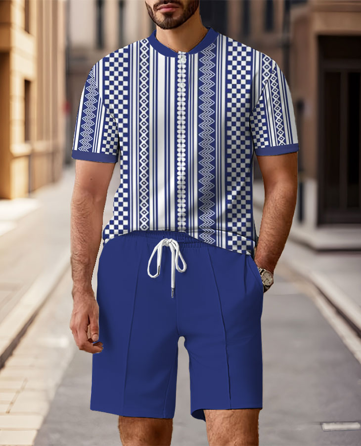 Men's Fashion Casual Round-Neck Geometric Printed Short-Sleeved Two-Piece Set
