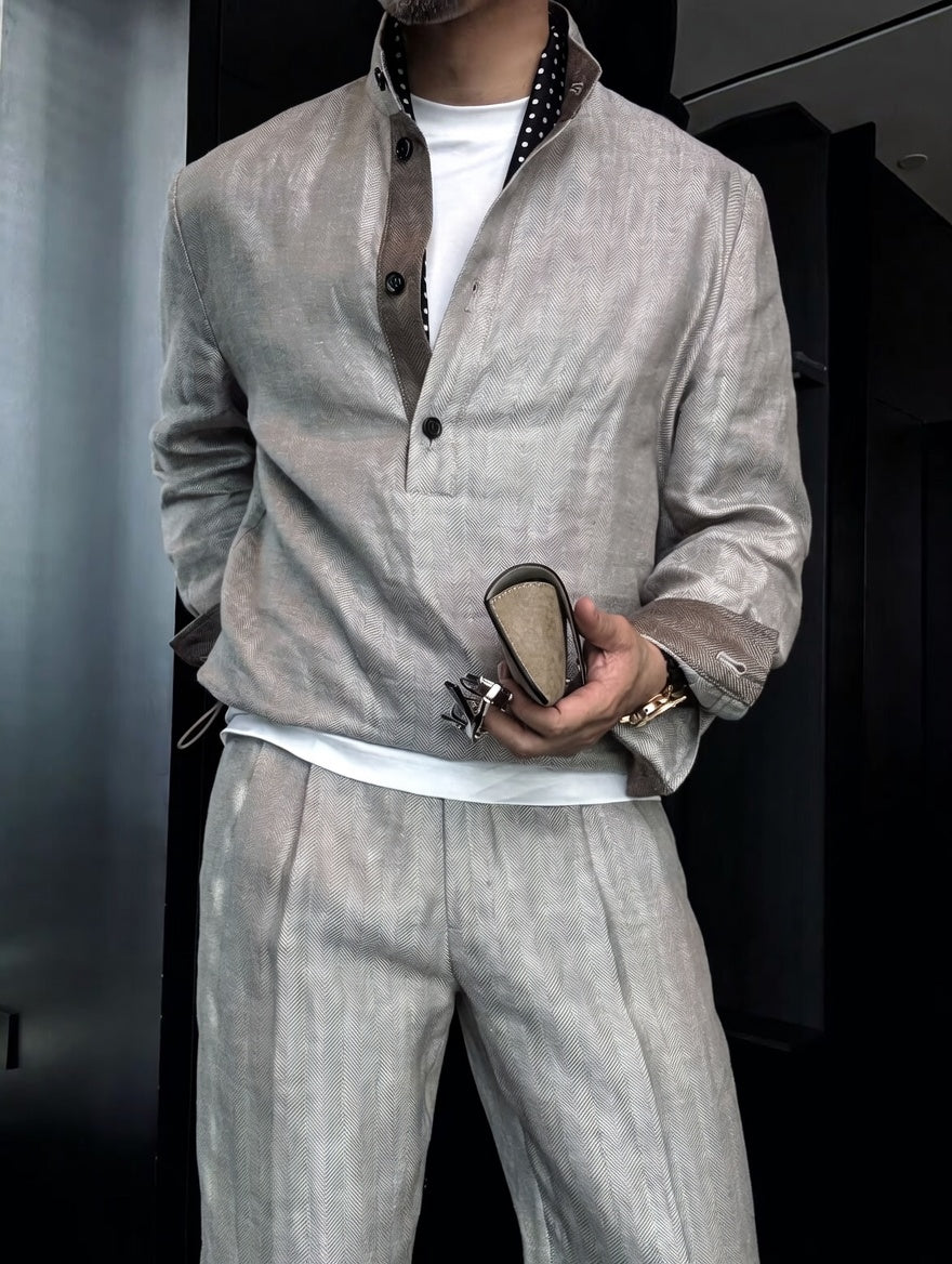 Premium Linen Mandarin Collar Suit