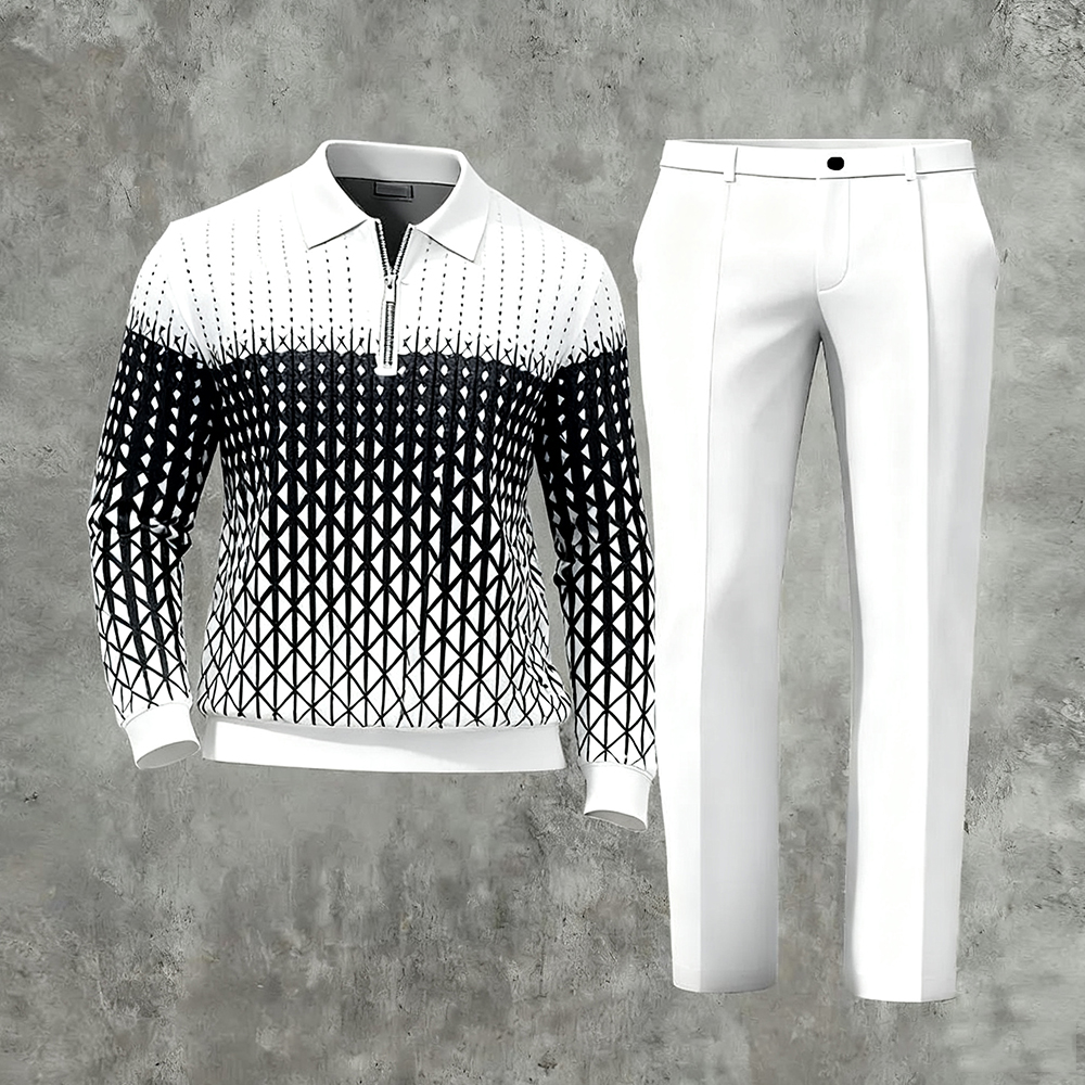 Men's Casual Color Matching Gradient Plaid Printed Polo-Collar Zipper Long Sleeved Trousers White Two-Piece Set