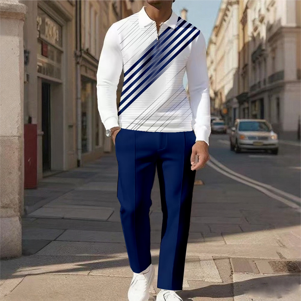 Men's Casual Color Matching Printed Polo-Collar Zipper Long Sleeved Trousers Two-Piece Set