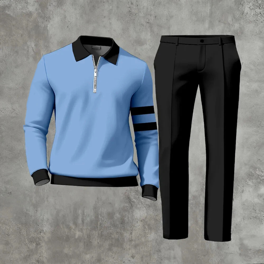 Men's Casual Color Matching Printed Polo-Collar Zipper Long Sleeved Trousers Two-Piece Set