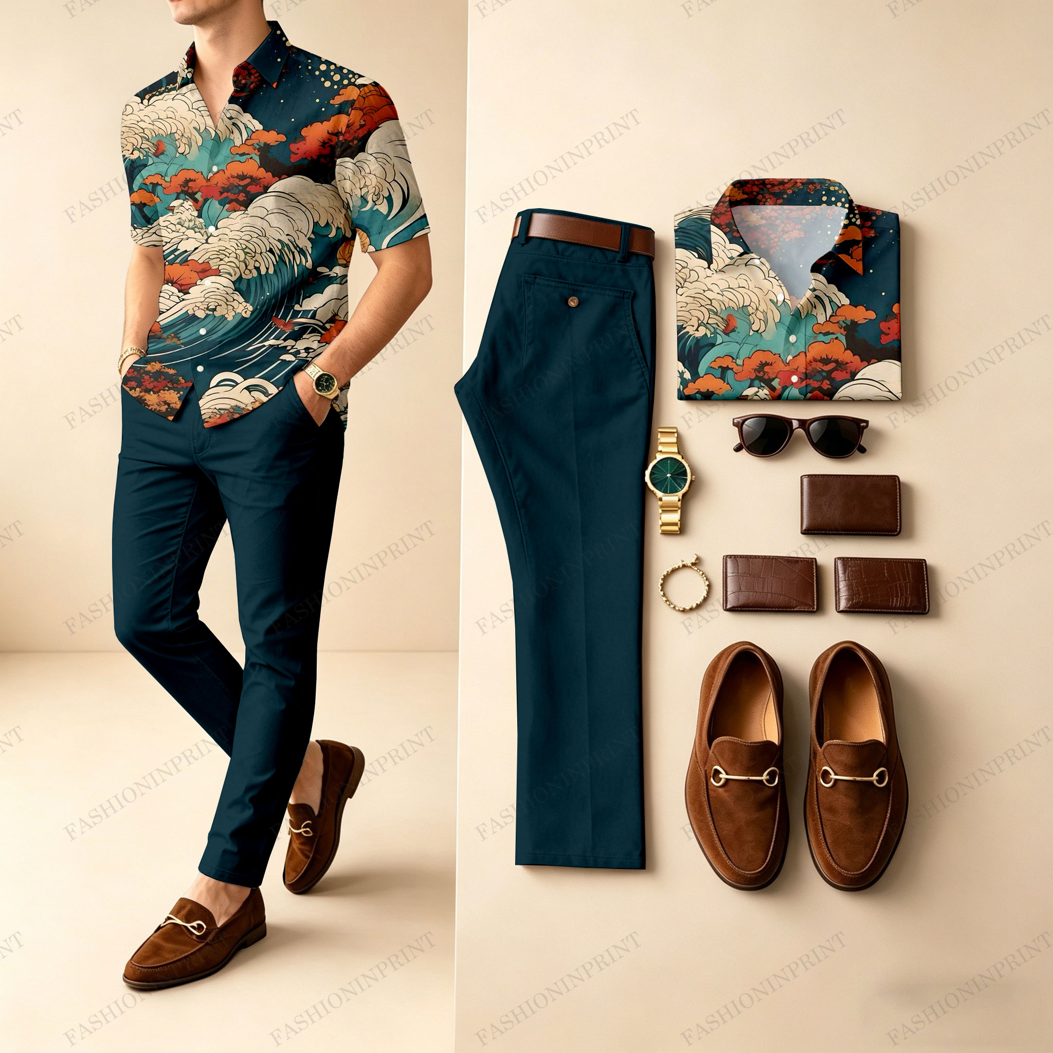 Men's Casual Gray Plaid Printed Polo Shirt And Pants Two-Piece Set