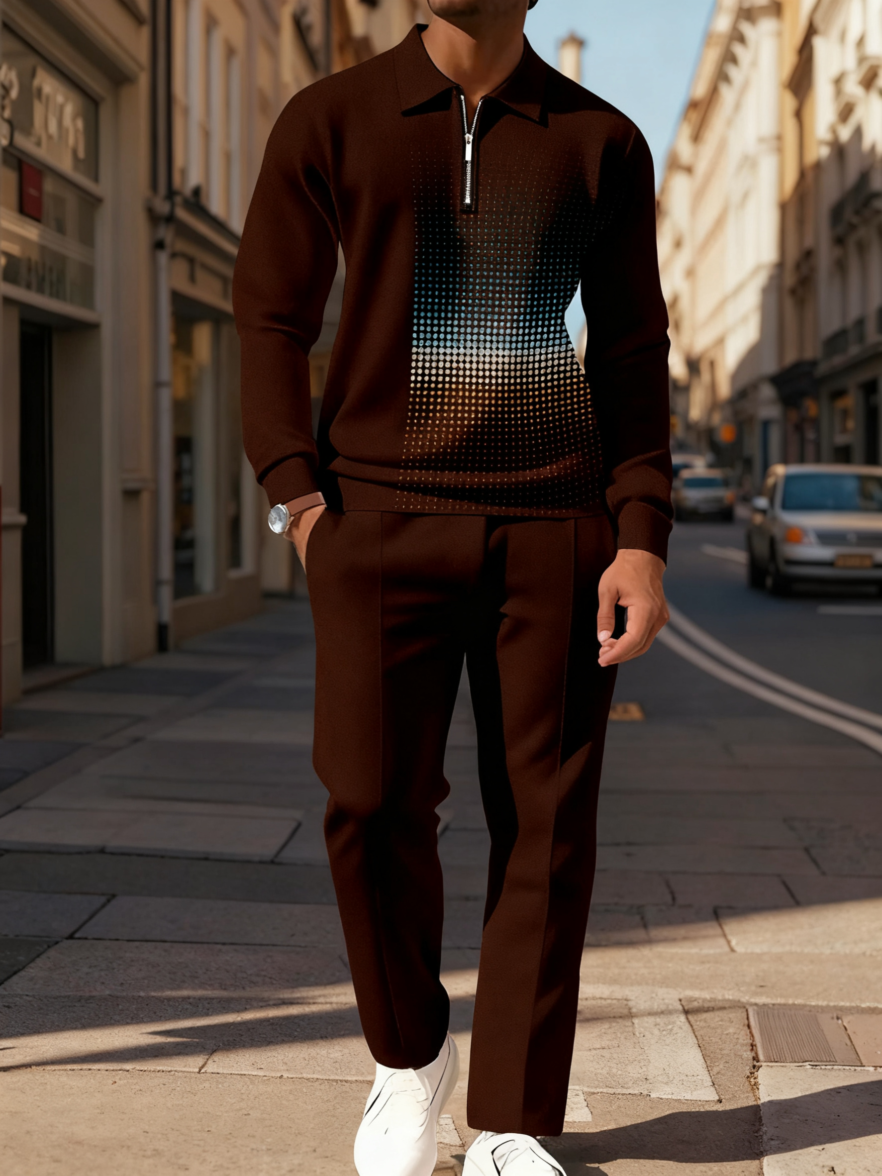 Men's Casual Colorblock Personalized Long Sleeve Polo Shirt Set 115