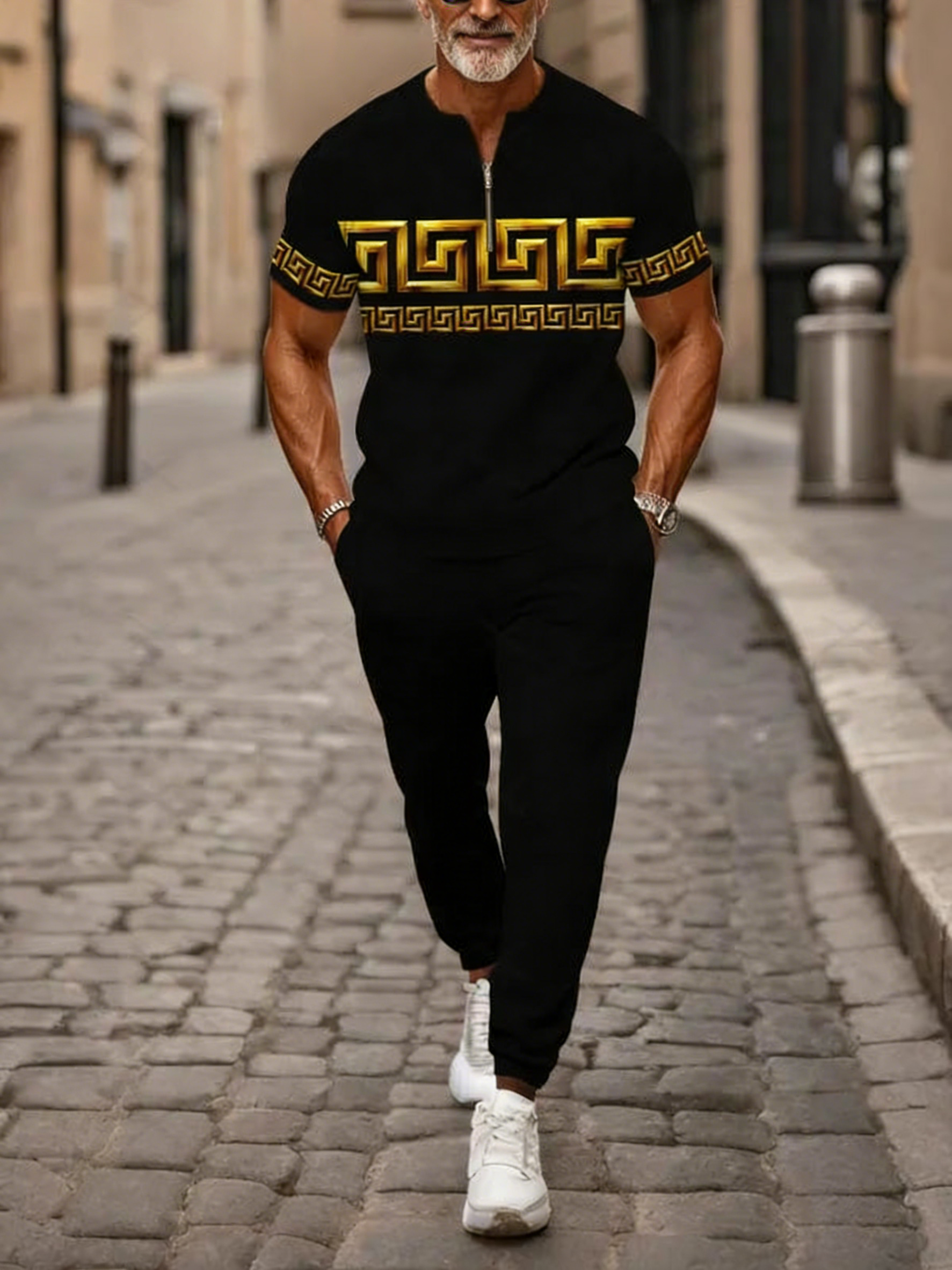 Men's Casual Black Color Round-Neck Zipper Short Sleeved Tops & Trousers Two-Piece Set