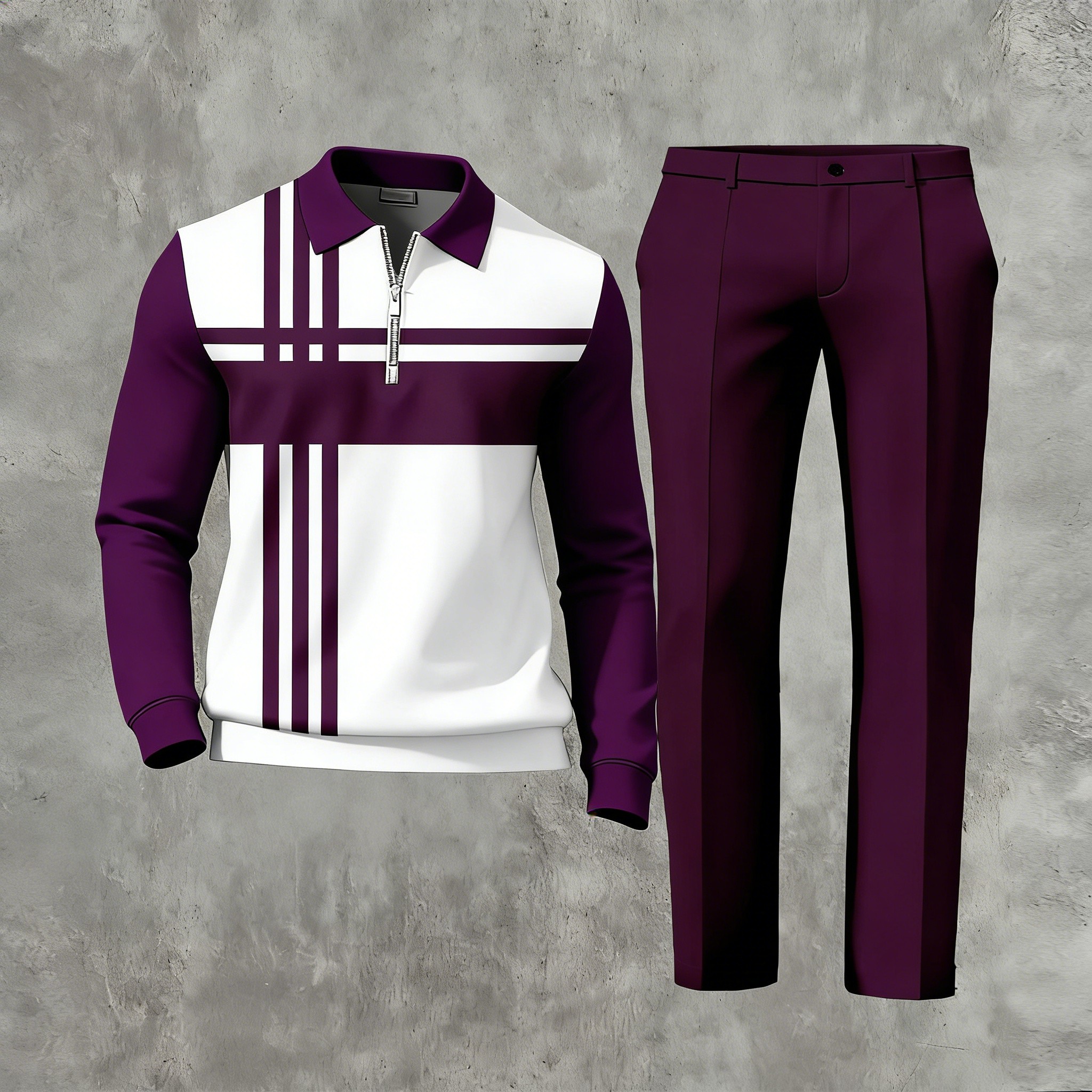 Men's Casual Multi Color Matching Geometric Printed Zipper Long Sleeved Polo Shirt & Trousers Two-Piece Set