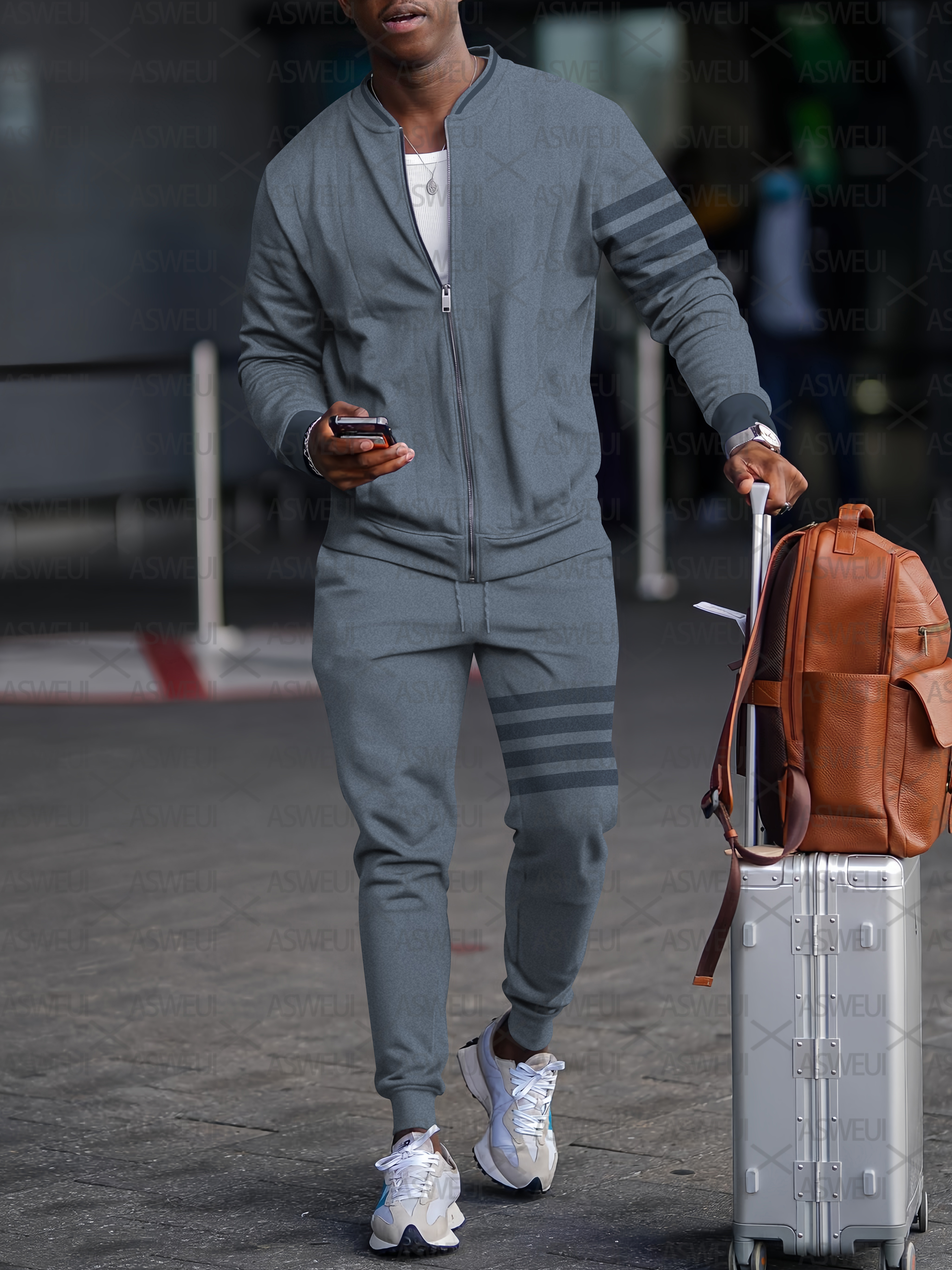 Men's fashion casual geometric print zipper jacket set