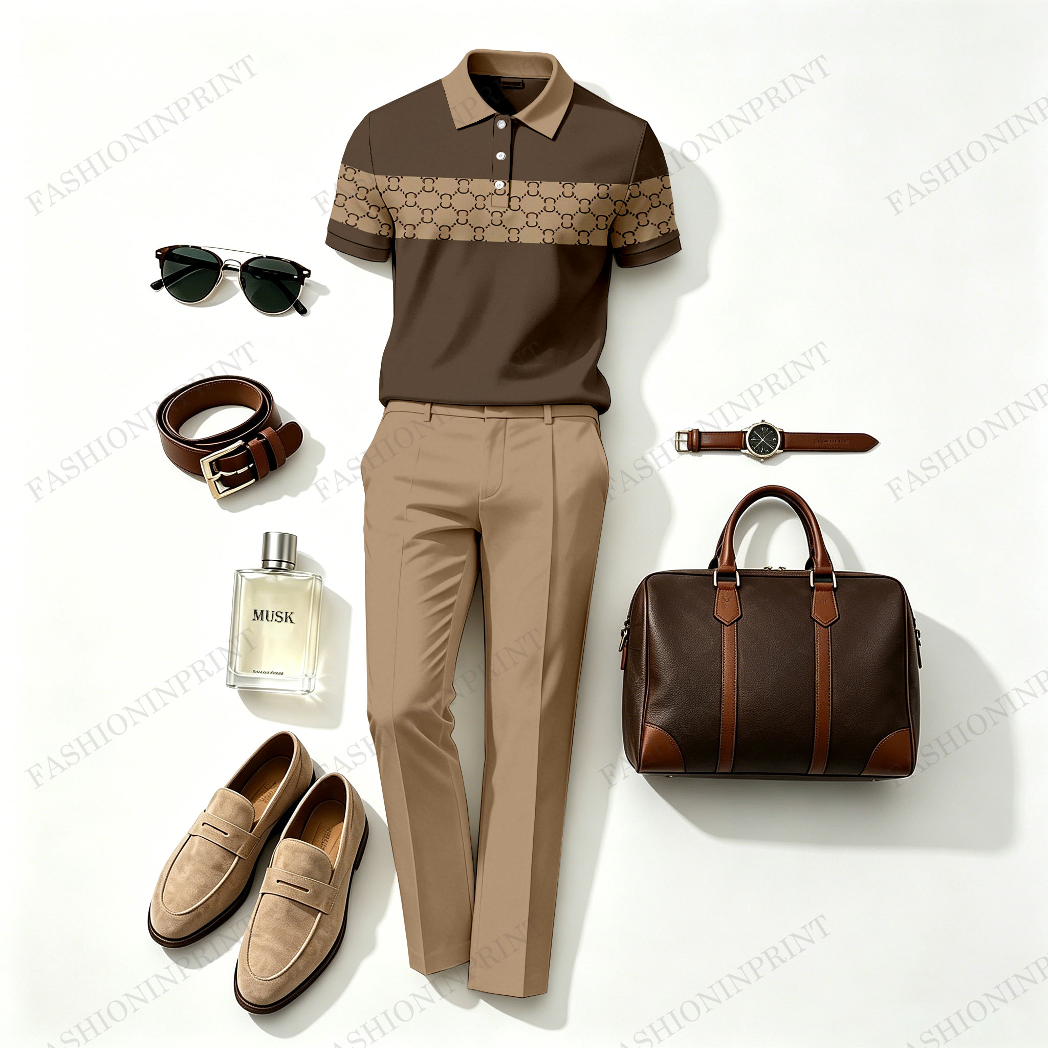 Men's Khaki Plaid Casual Printed Polo Shirt And Pants Two-Piece Set206066