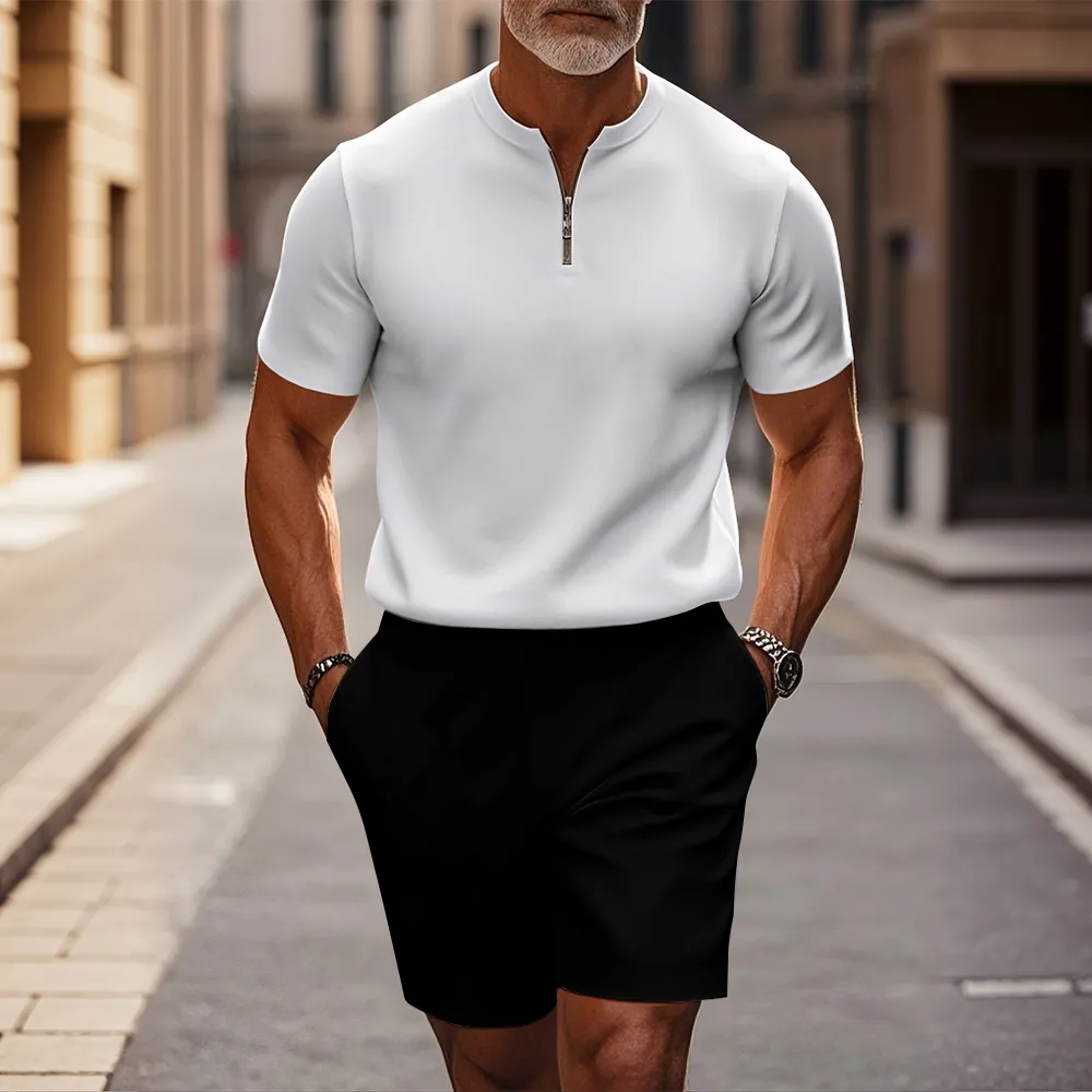 Men's fashion casual round-neck zipper geometric printed short-sleeved two-piece set