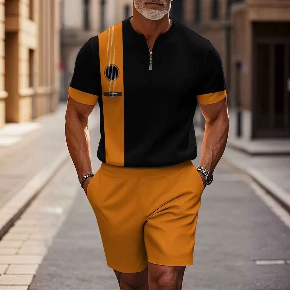 Men's fashion casual round-neck zipper geometric printed short-sleeved two-piece set