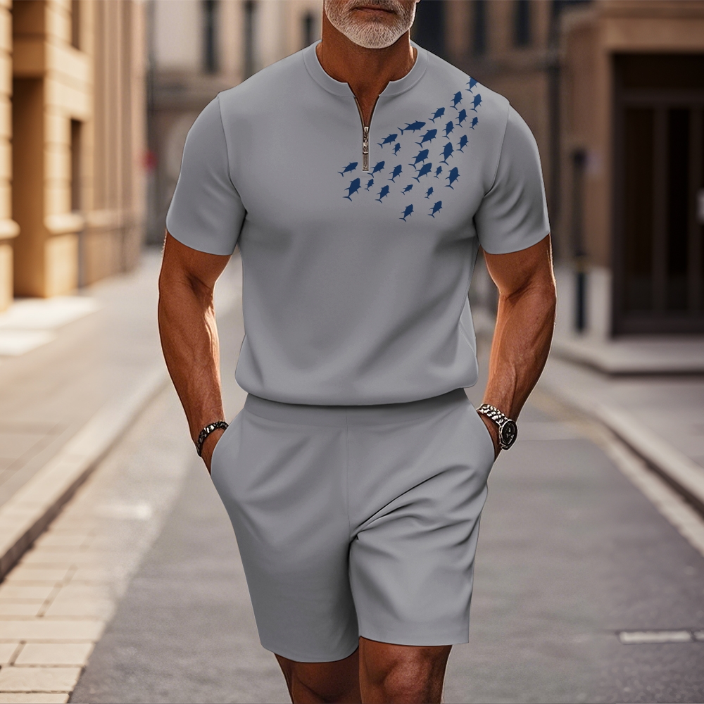 Men's fashion casual round-neck zipper geometric printed short-sleeved two-piece set 2504000478