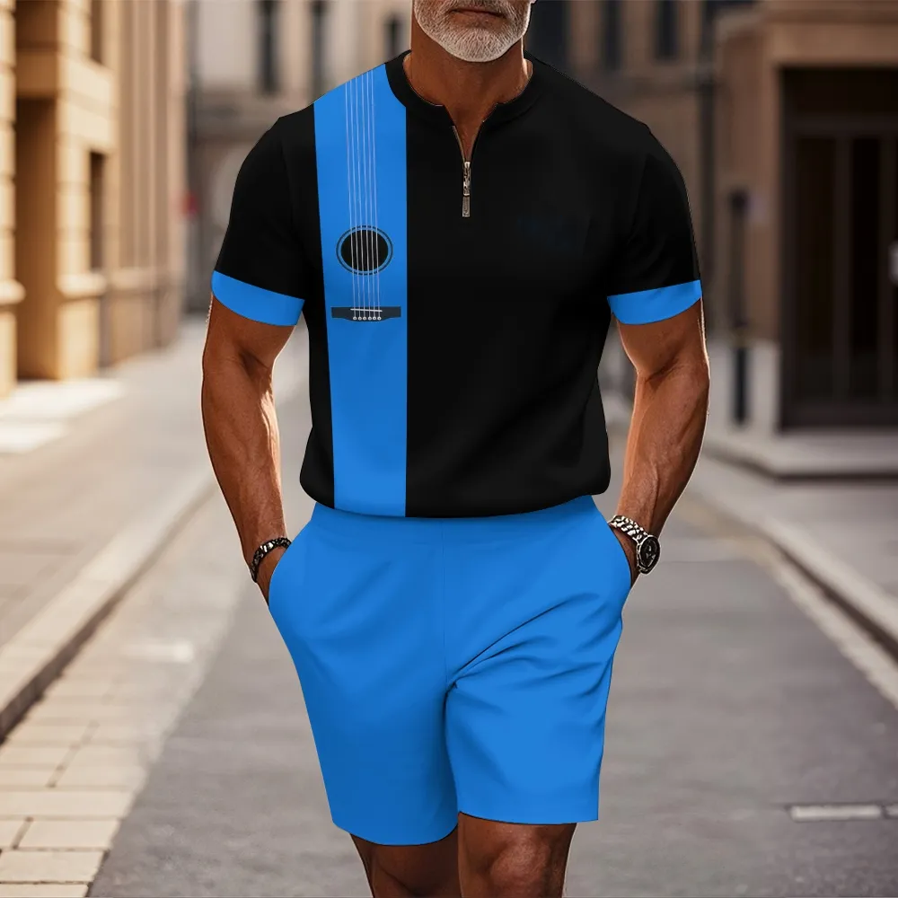 Men's fashion casual round-neck zipper geometric printed short-sleeved two-piece set