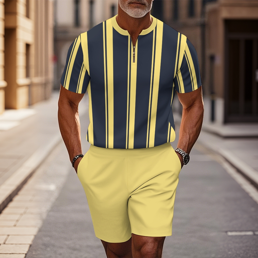 Men's fashion casual round-neck zipper geometric printed short-sleeved two-piece set 2505000306