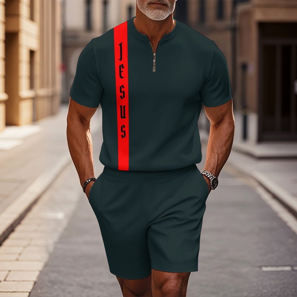 Men's fashion casual round-neck zipper geometric printed short-sleeved two-piece set 2505000409