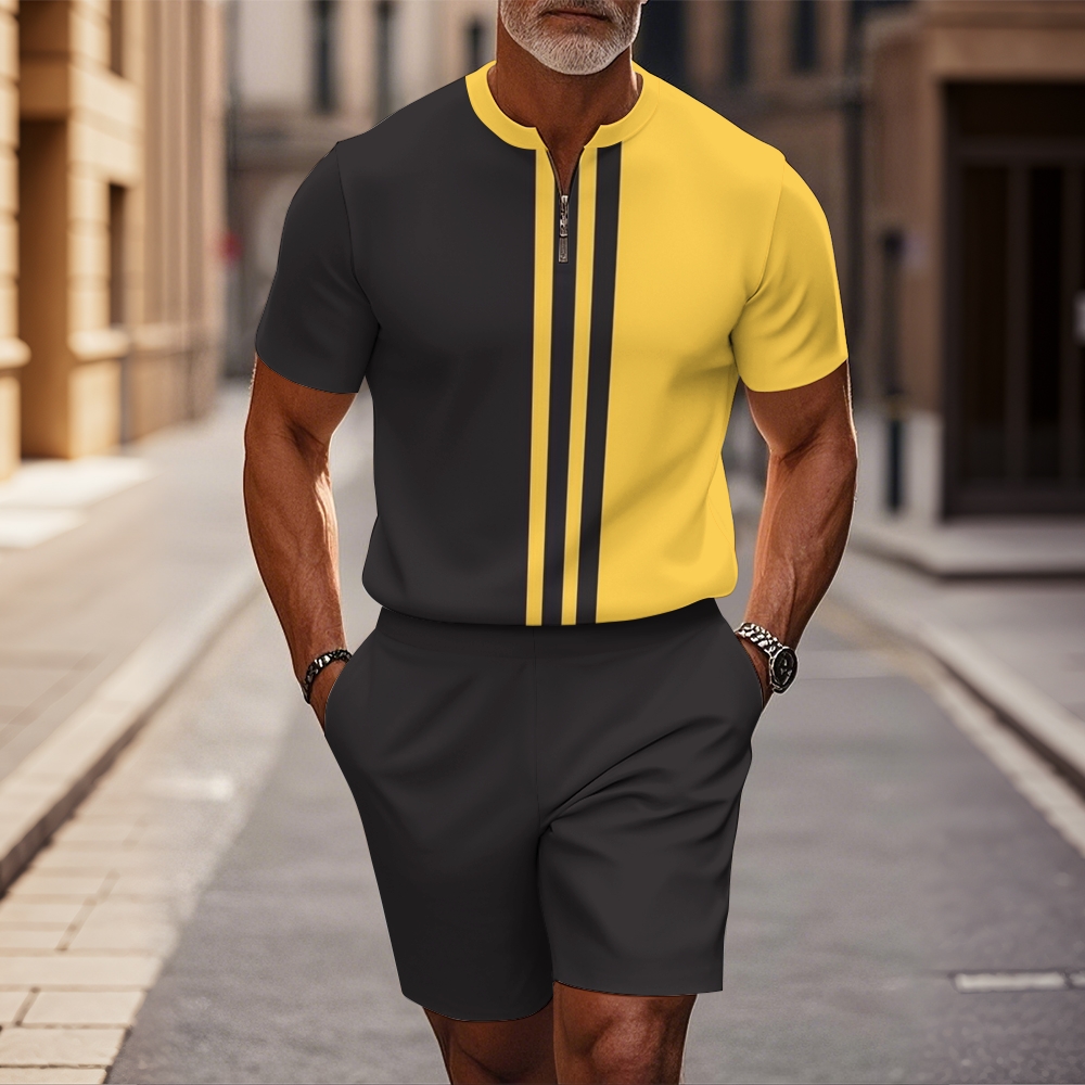 Men's fashion casual round-neck zipper geometric printed short-sleeved two-piece set 2505000415