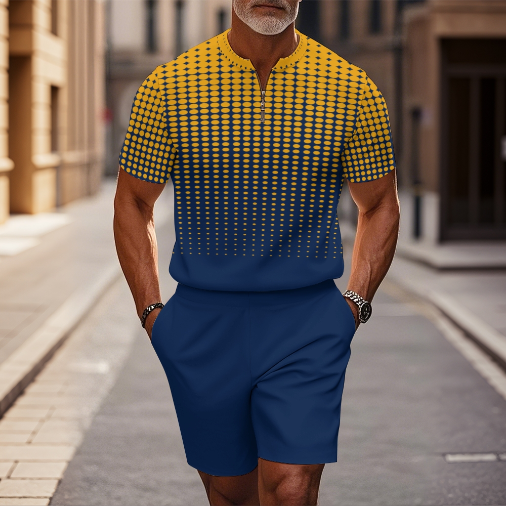 Men's fashion casual round-neck zipper geometric printed short-sleeved two-piece set 25070001238296
