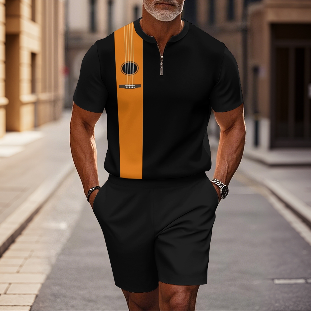 Men's fashion casual round-neck zipper geometric printed short-sleeved two-piece set 2507000251