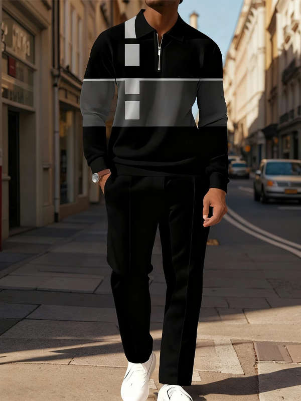 Men's Casual Colorblock Personalized Long Sleeve Polo Shirt Set 004