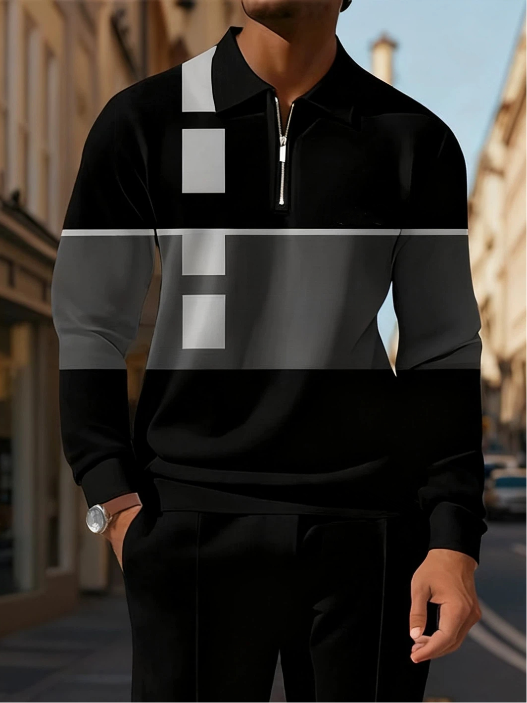 Men's Casual Colorblock Personalized Long Sleeve Polo Shirt Set 004