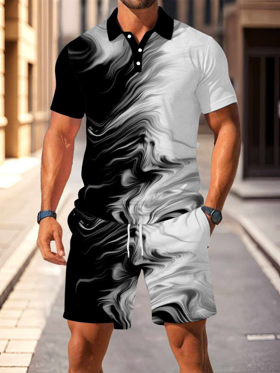 Men's Fashion Casual Polo Collar Geometric Printed Short-Sleeved Two-Piece Set