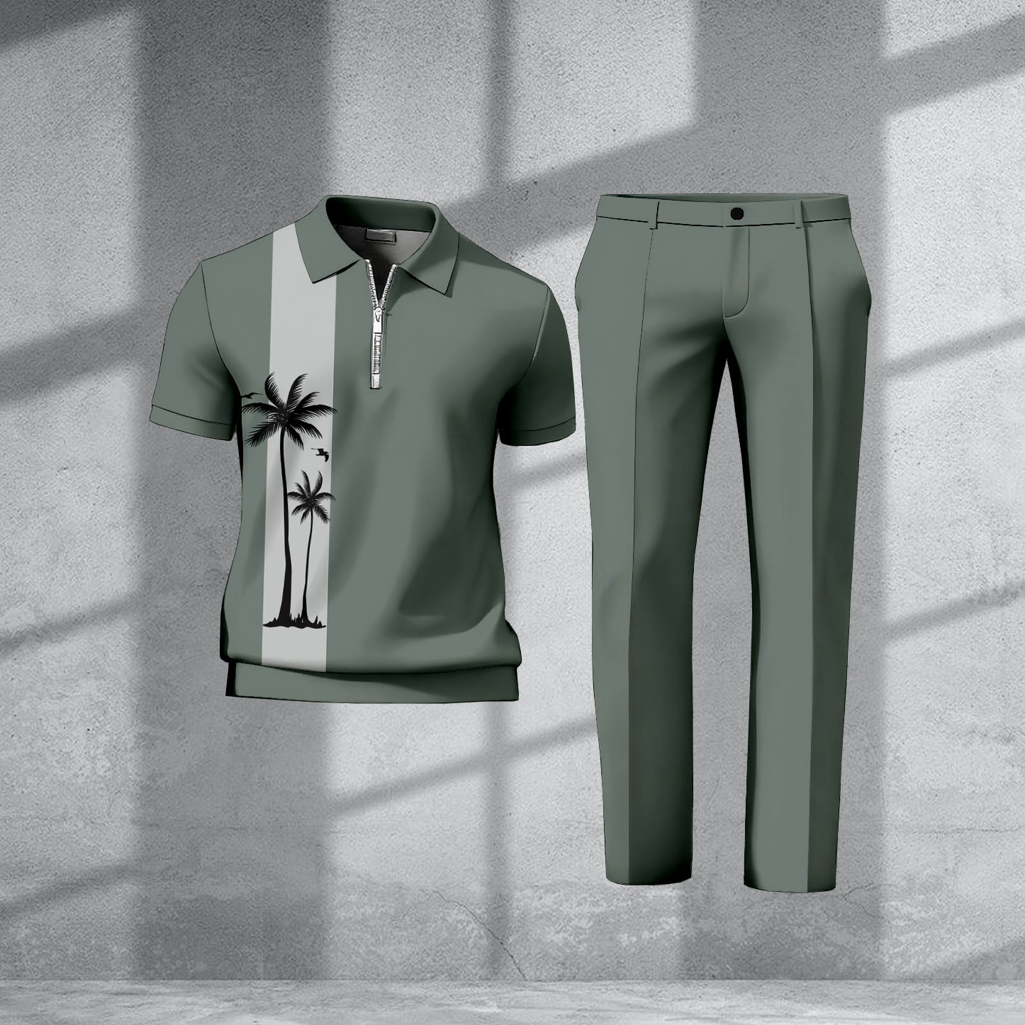Men's Casual Green & Gray Color Matching Palm Trees Printed Short Sleeved Zipper Polo Shirt & Trousers Two-Piece Set