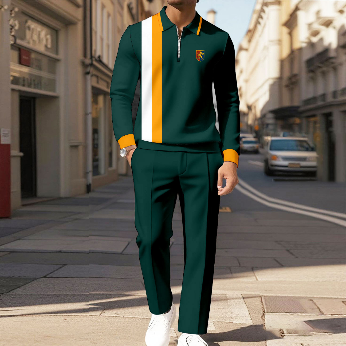 Men's Casual Color Matching Printed Polo-Collar Zipper Long Sleeved Trousers Two-Piece Set