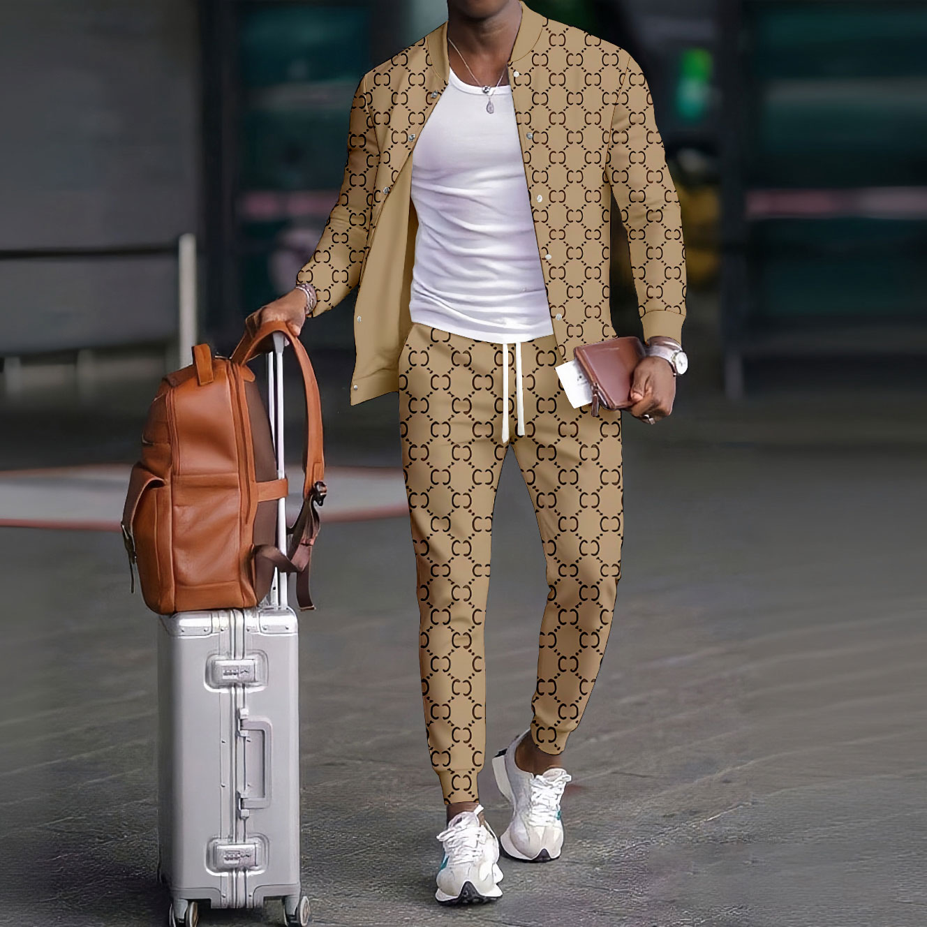 Men's Casual Color Matching Printed Round Neck Long Sleeved Jacket & Trousers Two-Piece Set