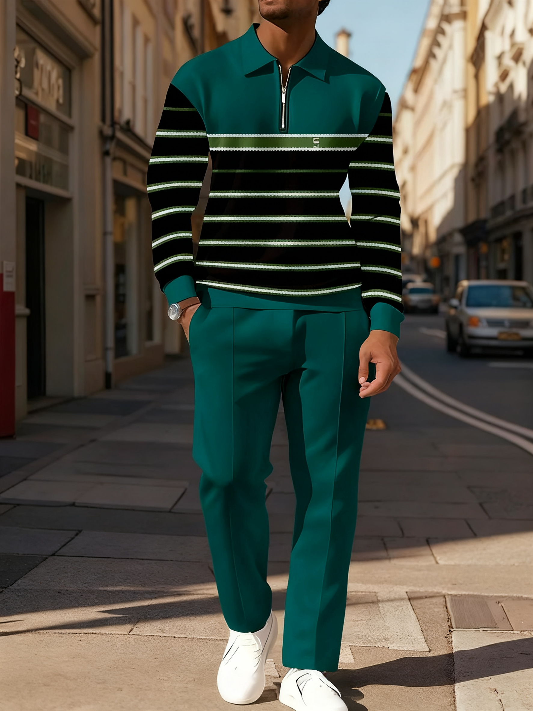 Men's Casual Colorblock Personalized Long Sleeve Polo Shirt Set  0015