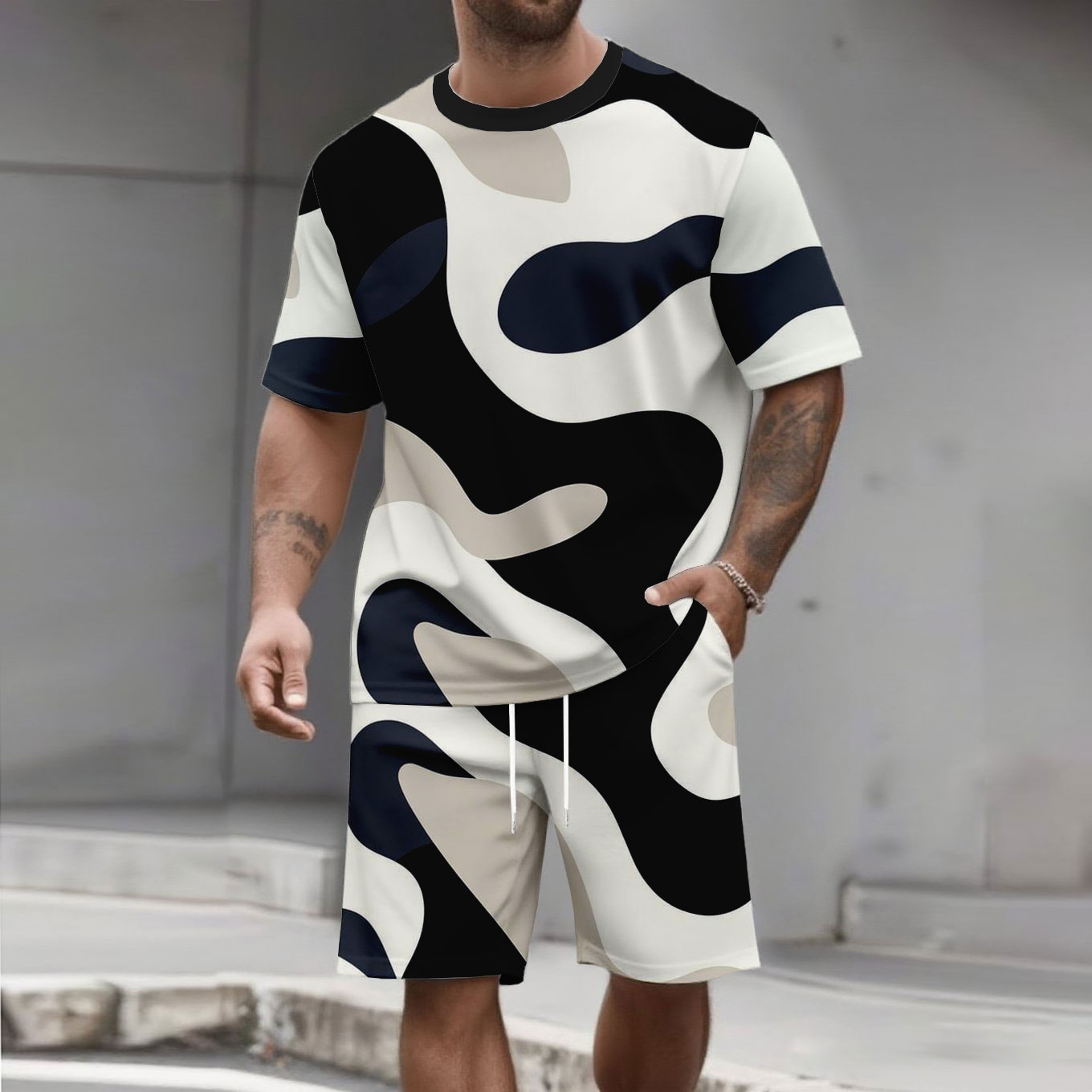Men's Fashion Casual Color Matching Printed Short-Sleeved Two-Piece Set