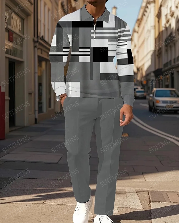 Men's Simple Gray Color Block Geometric Print POLO Long Sleeve Trousers Two-piece Set