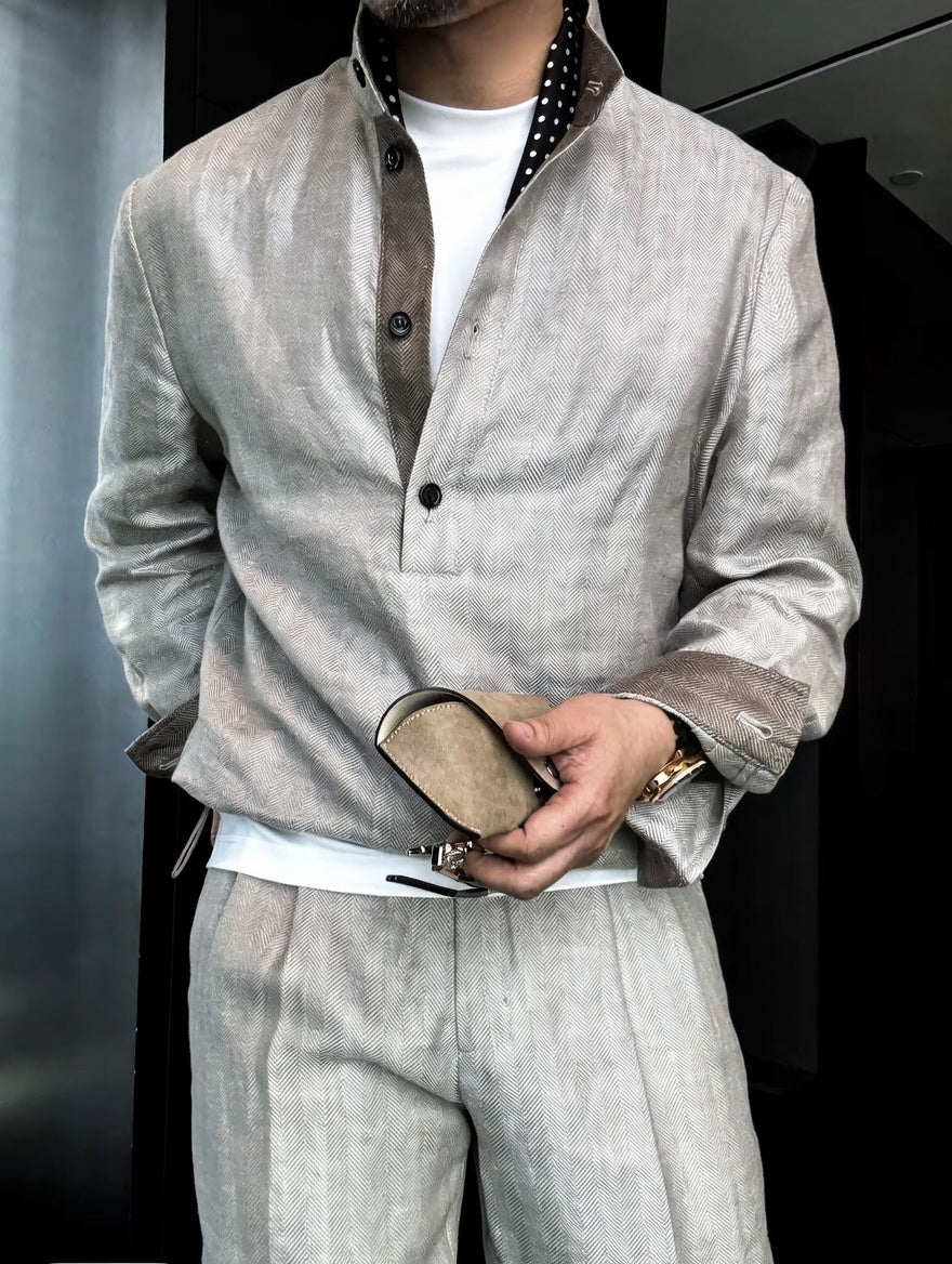 Premium Linen Mandarin Collar Suit