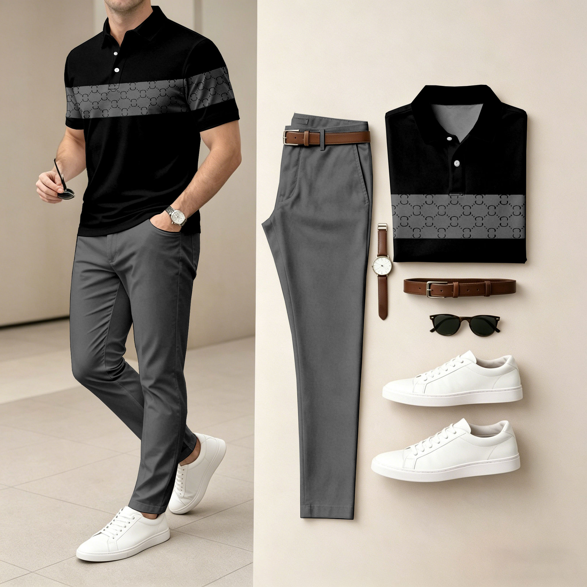 Men's Casual Black & Brown Plaid Printed Polo Shirt And Pants Two-Piece Set 204499