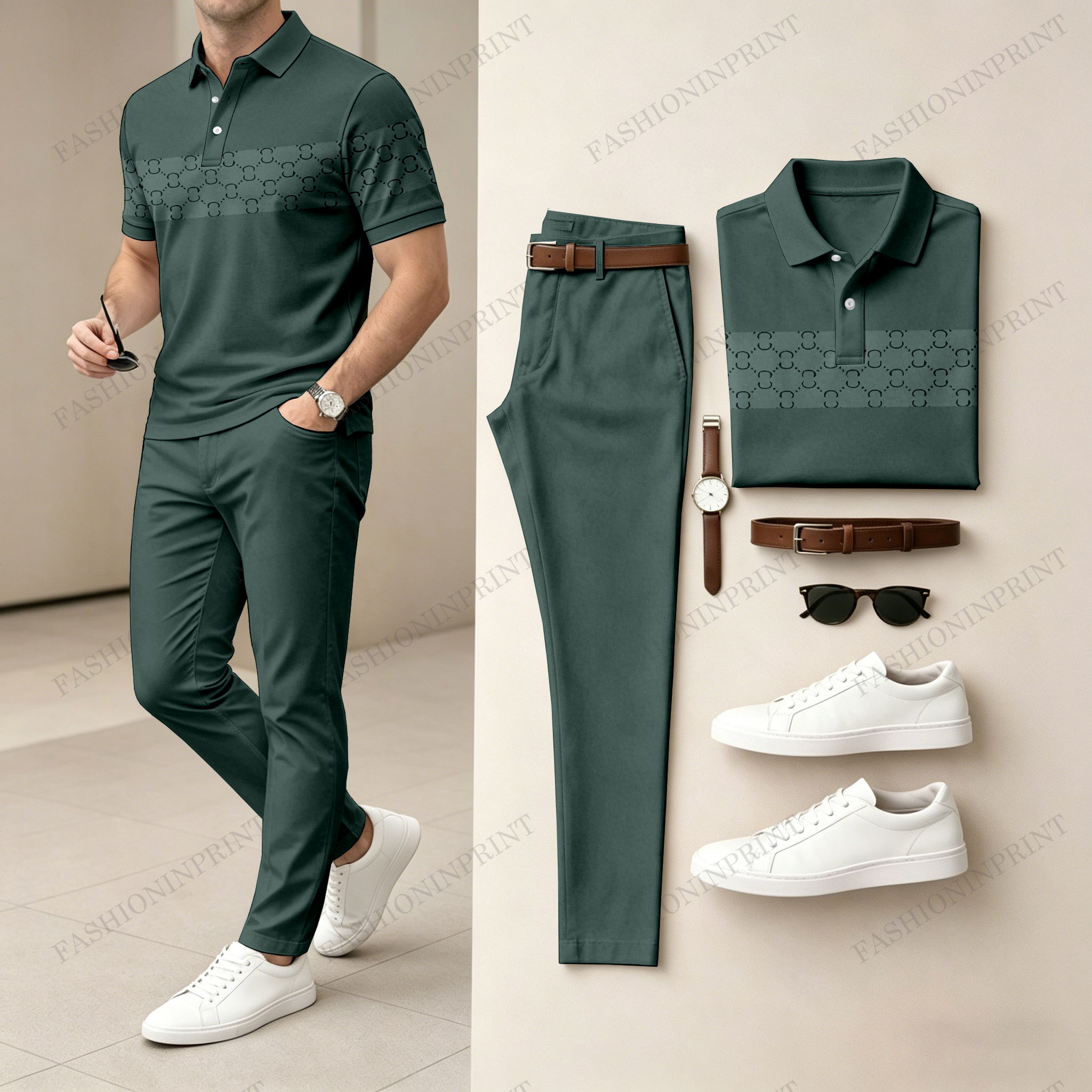 Men's Casual Black & Brown Plaid Printed Polo Shirt And Pants Two-Piece Set 204499