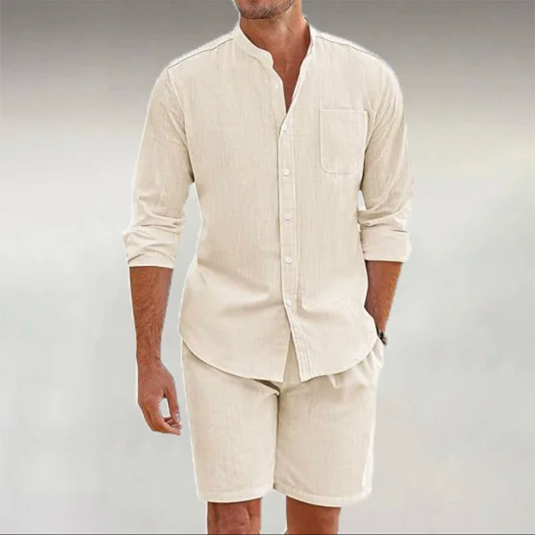 Men's Solid  Color Long Sleeves Shirt & Shorts Two Pieces Set