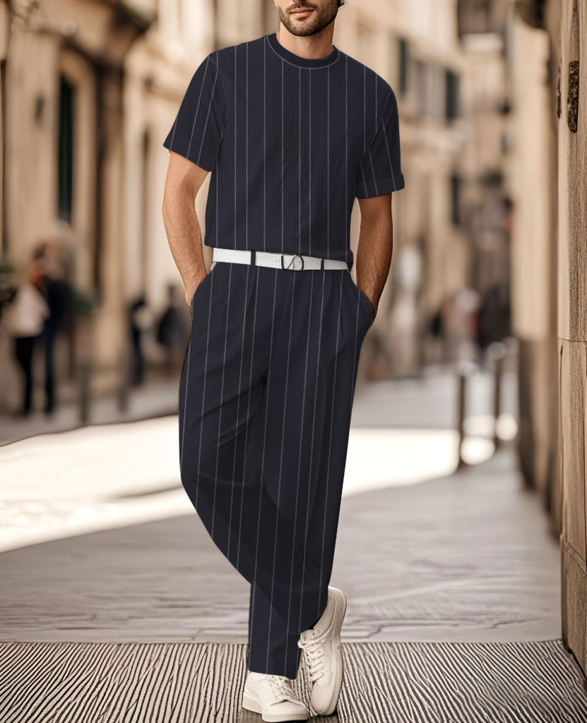 Men's Knitted Thread Flower Crew Neck Short Sleeve T-Shirt And Straight Leg Pants Set