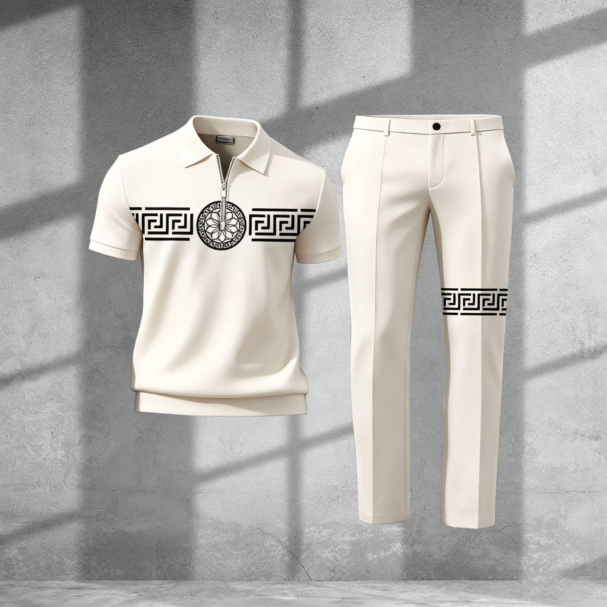 Men's Casual White Color Matching Viking Printed Zipper Short Sleeved Polo Shirt & Trousers Two-Piece Set 199135