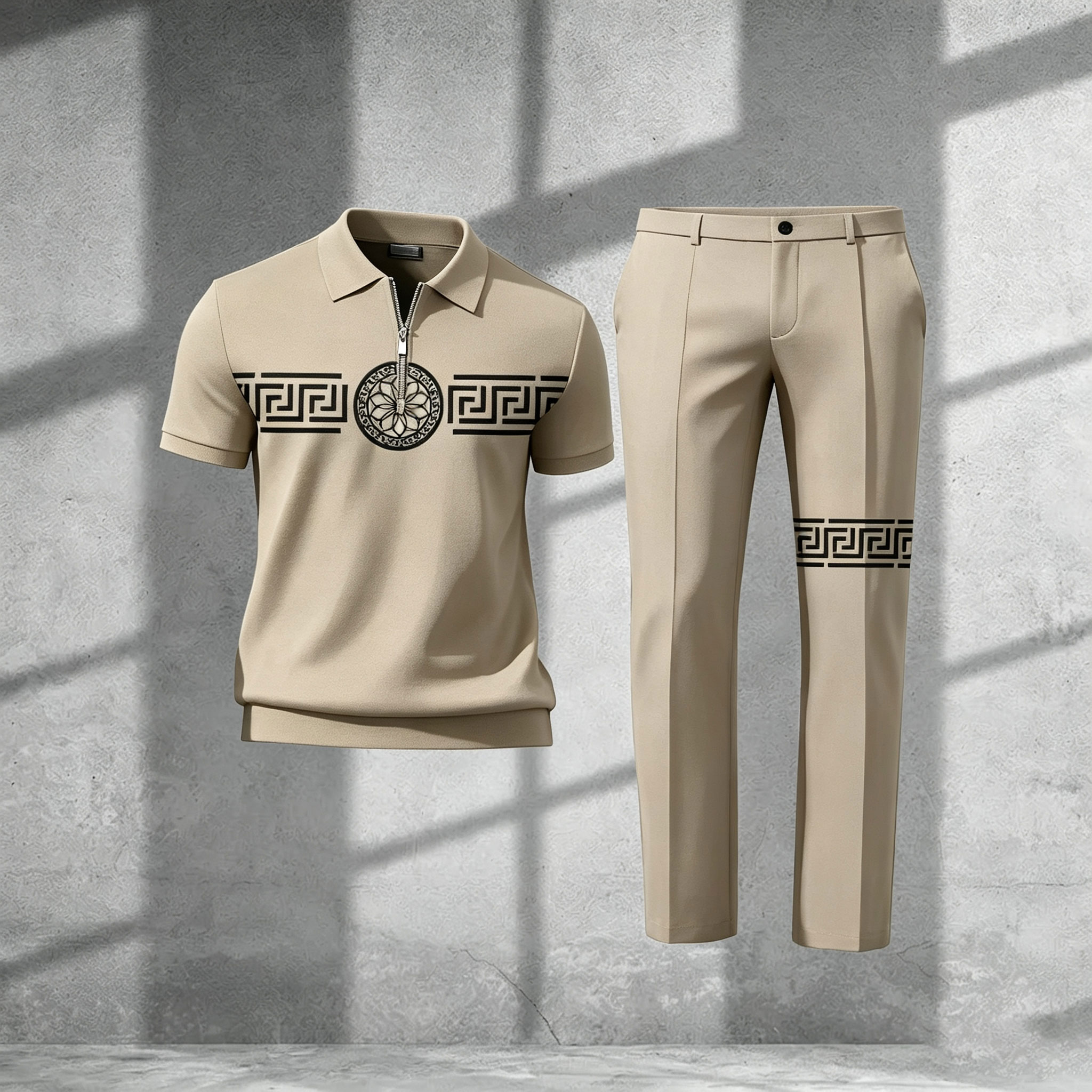Men's Casual White Color Matching Viking Printed Zipper Short Sleeved Polo Shirt & Trousers Two-Piece Set 199135