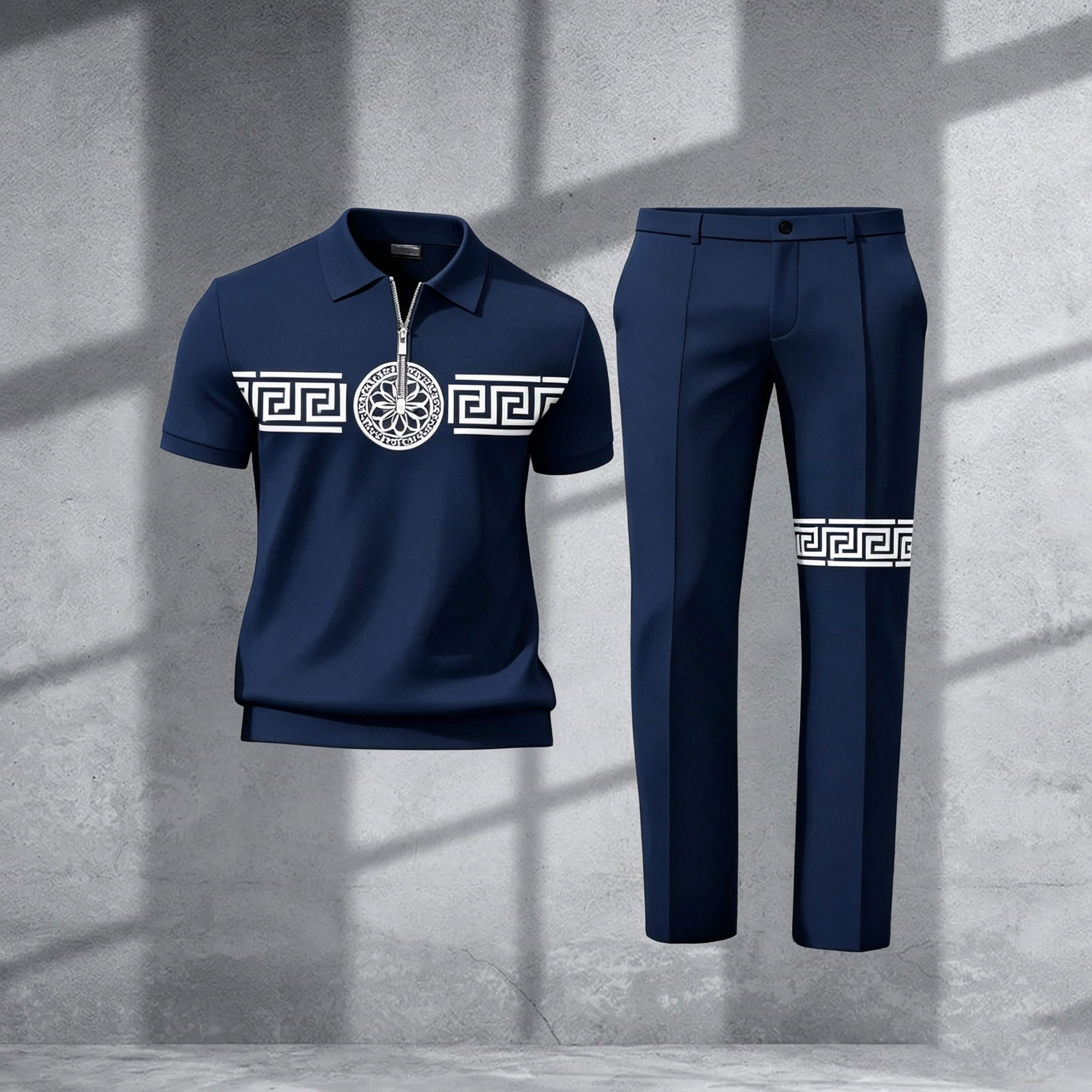 Men's Casual White Color Matching Viking Printed Zipper Short Sleeved Polo Shirt & Trousers Two-Piece Set 199135