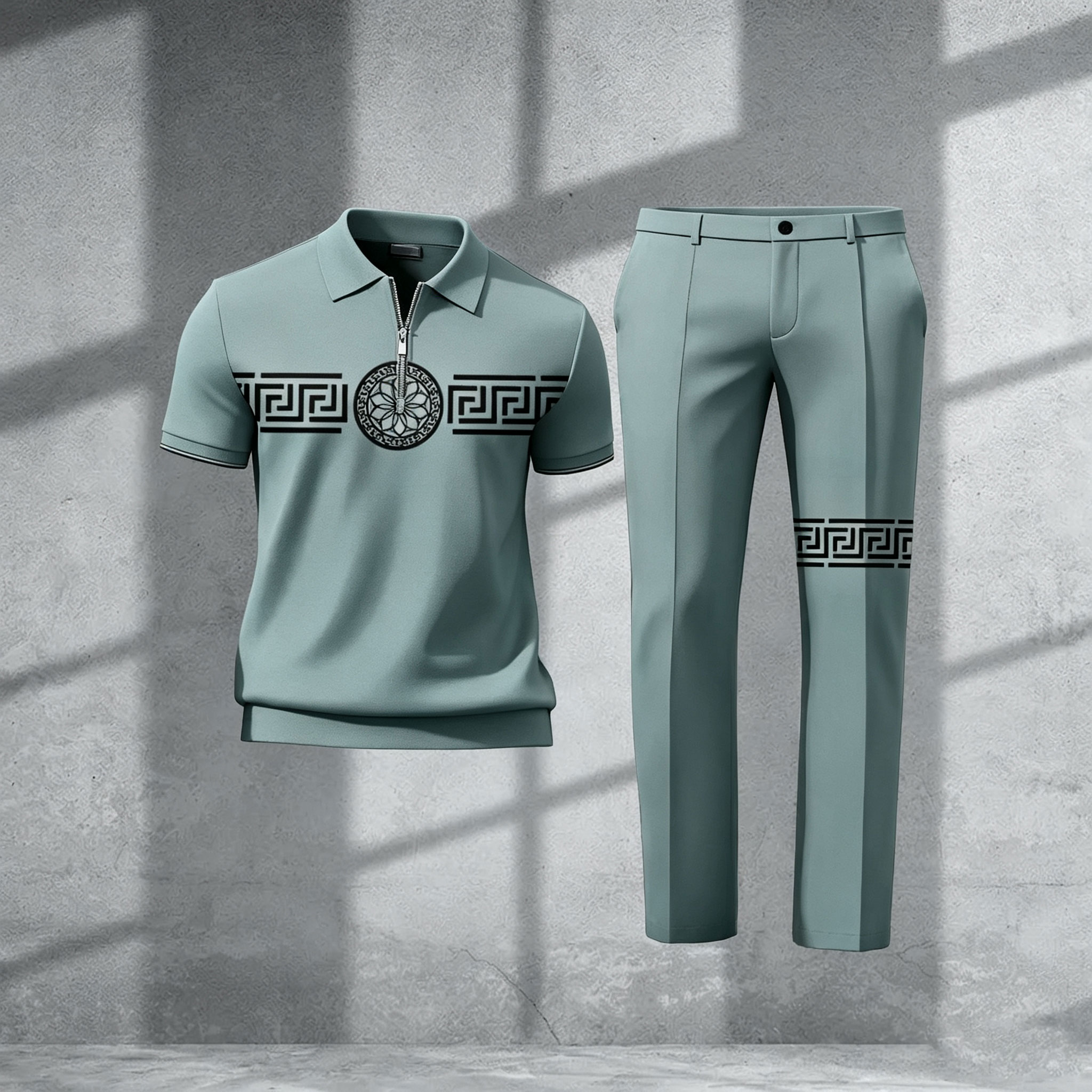 Men's Casual White Color Matching Viking Printed Zipper Short Sleeved Polo Shirt & Trousers Two-Piece Set 199135