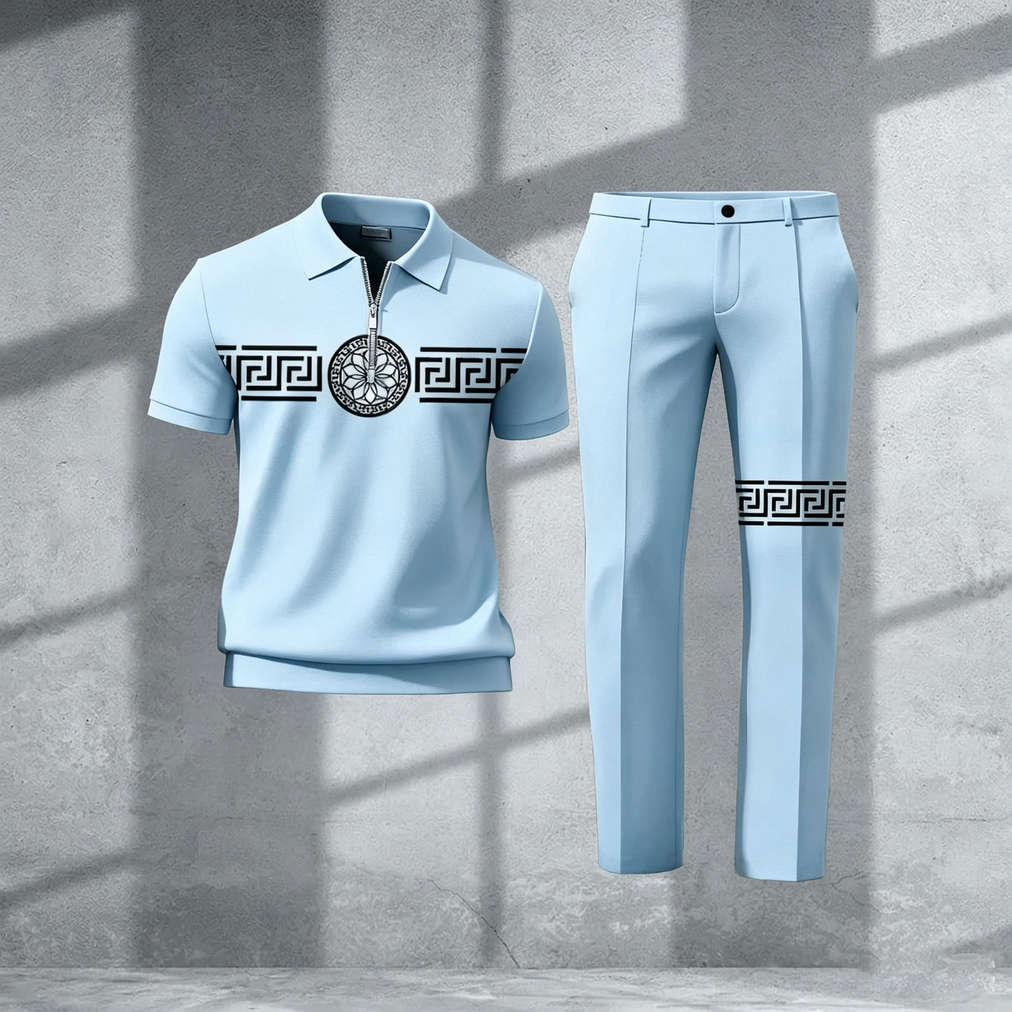 Men's Casual White Color Matching Viking Printed Zipper Short Sleeved Polo Shirt & Trousers Two-Piece Set 199135