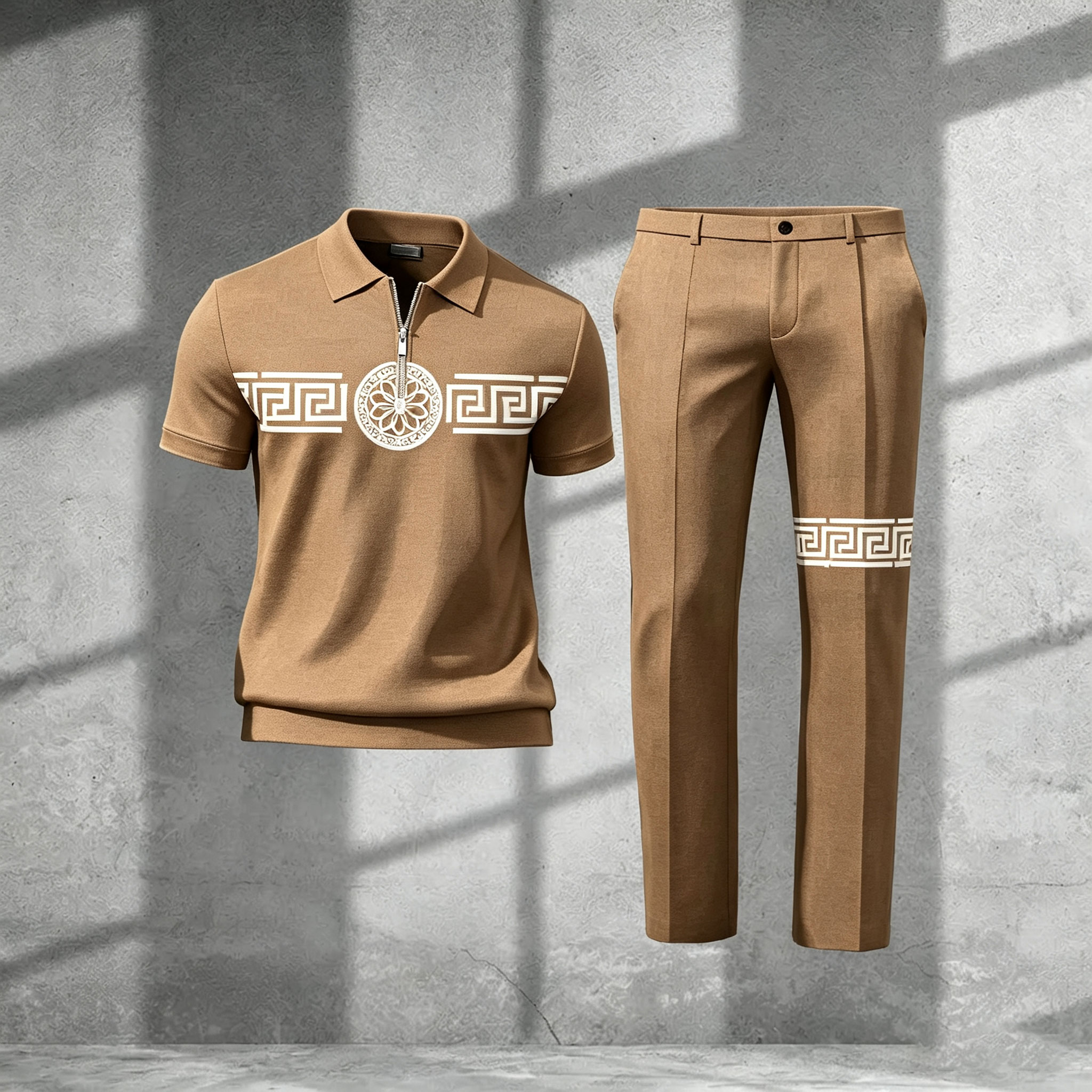 Men's Casual White Color Matching Viking Printed Zipper Short Sleeved Polo Shirt & Trousers Two-Piece Set 199135