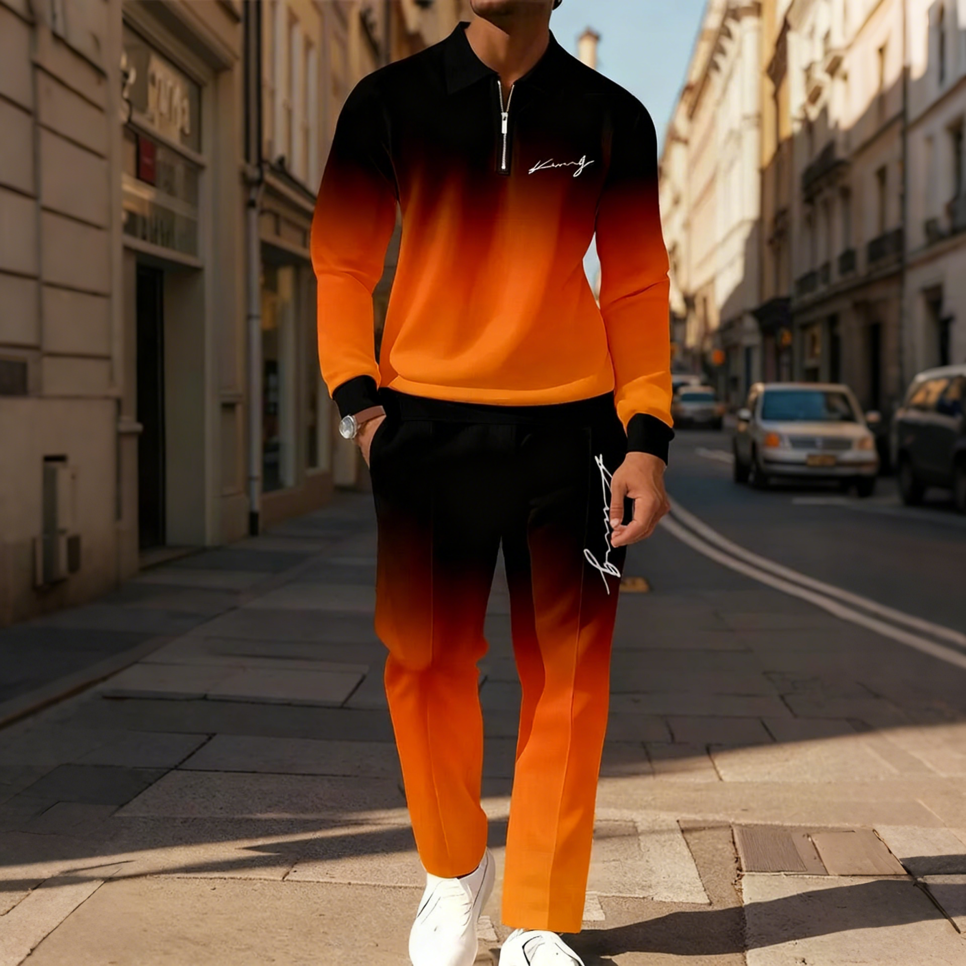 Men's Casual Colorblock Personalized Long Sleeve Polo Shirt Set 005