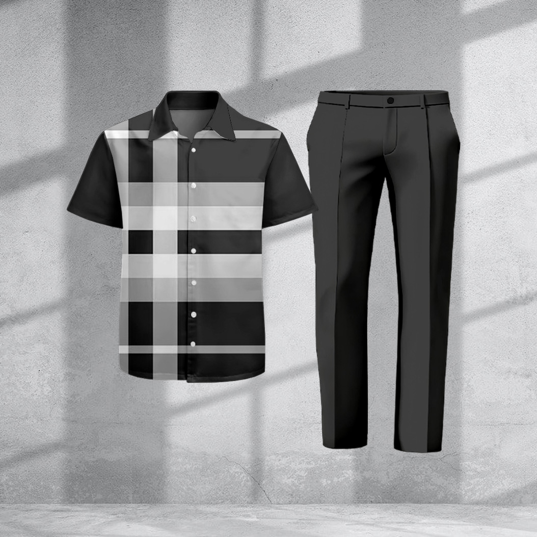 Men's Casual Plaid Print Short-Sleeve Pants And Shirt Two-Piece Set