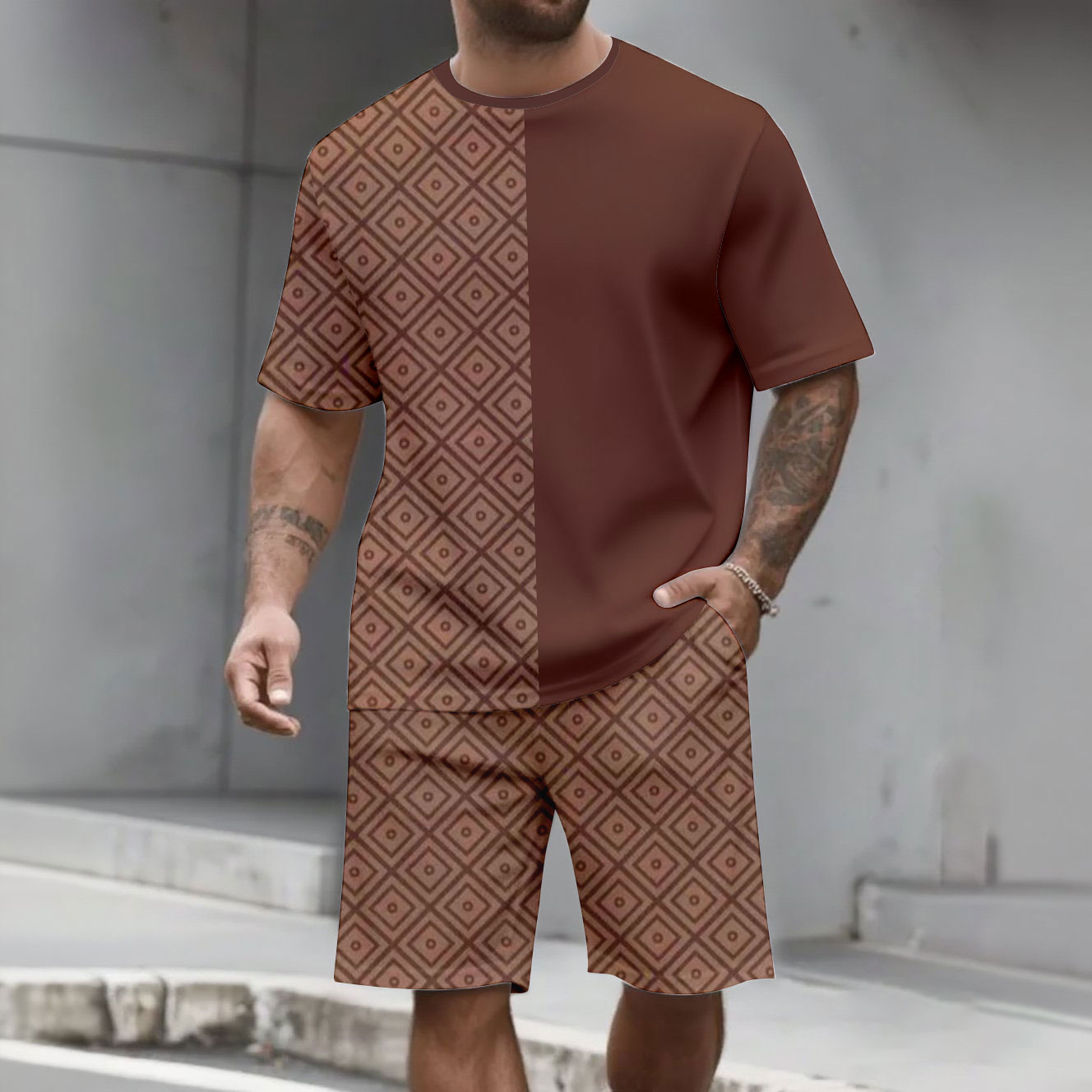 Men's Fashion Casual Color Matching Printed Short-Sleeved Two-Piece Set